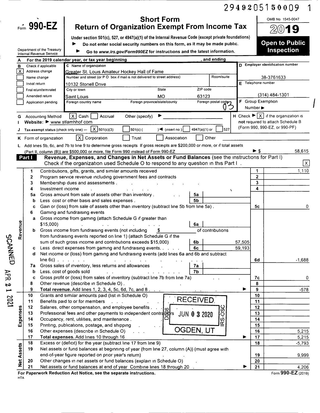 Image of first page of 2019 Form 990EZ for The Greater St Louis Amateur Hockey Hall of Fame