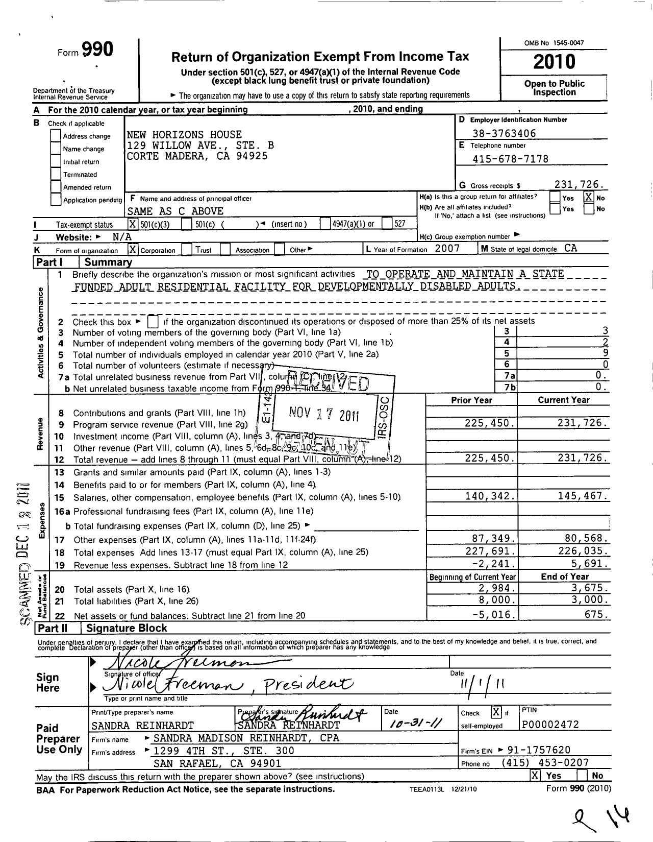 Image of first page of 2010 Form 990 for New Horizons House / Nicole Freeman