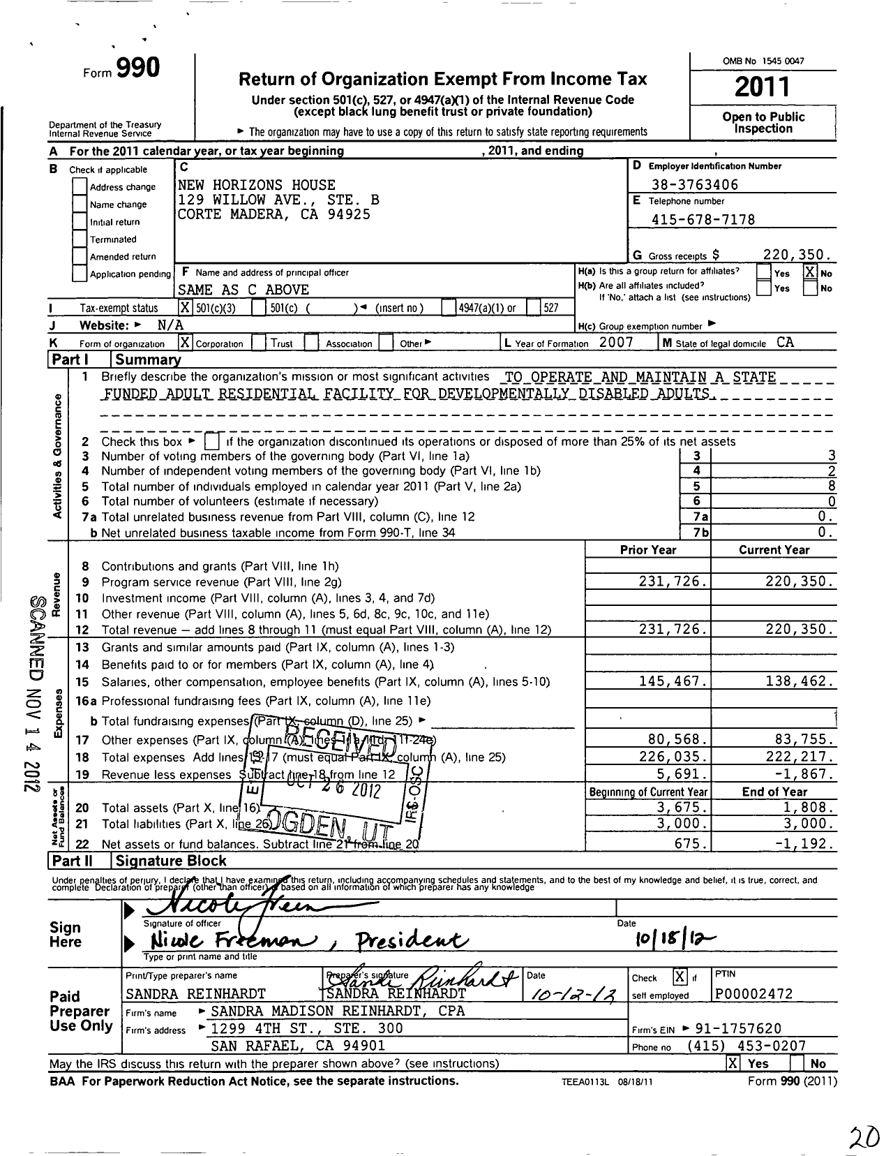 Image of first page of 2011 Form 990 for New Horizons House / Nicole Freeman