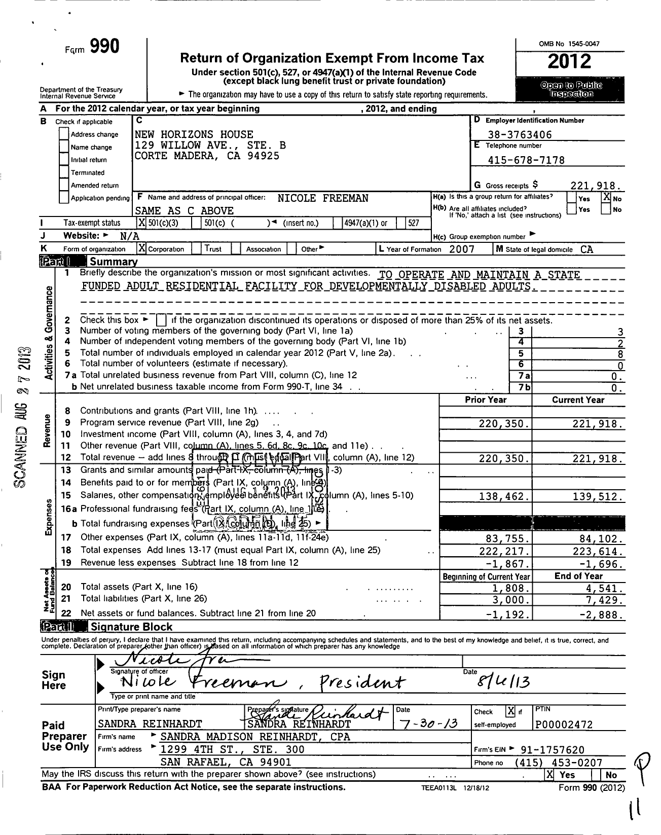 Image of first page of 2012 Form 990 for New Horizons House / Nicole Freeman