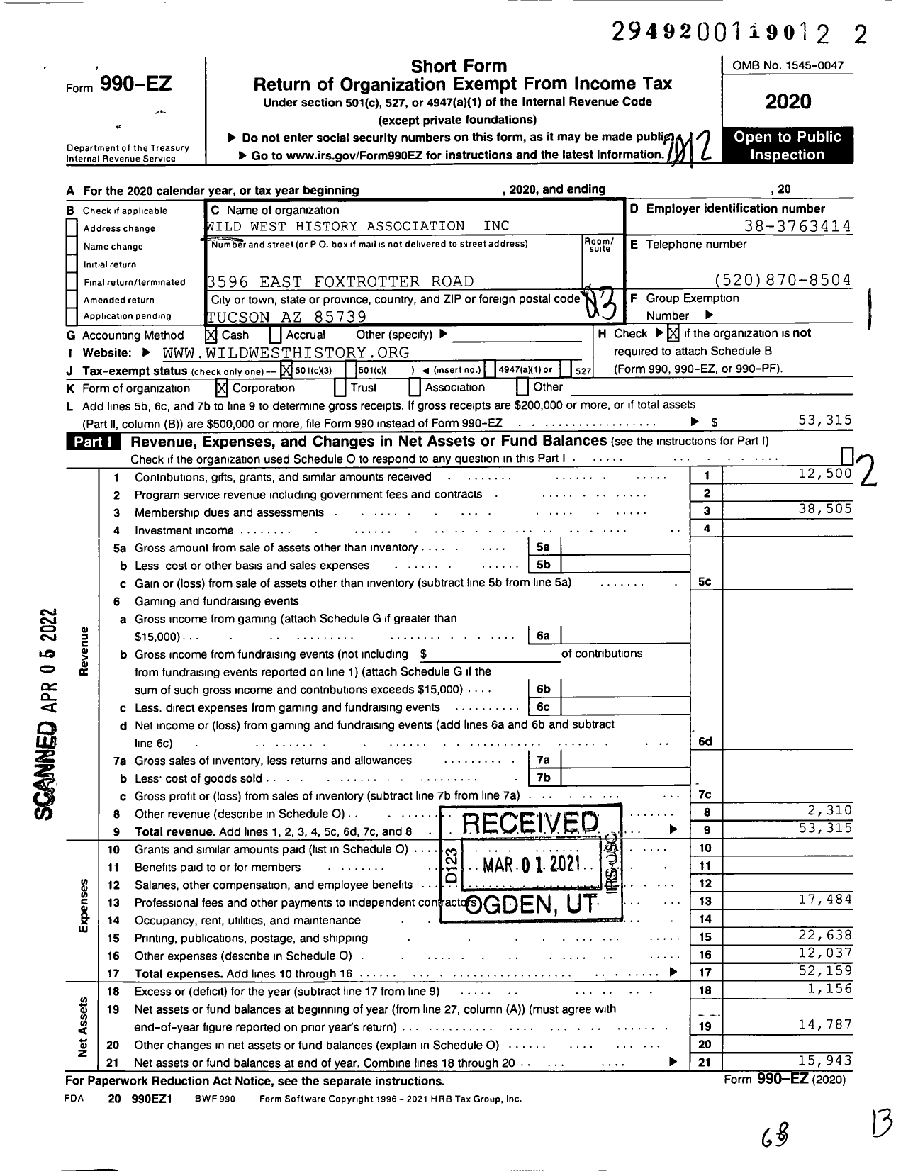 Image of first page of 2020 Form 990EZ for Wild West History Association