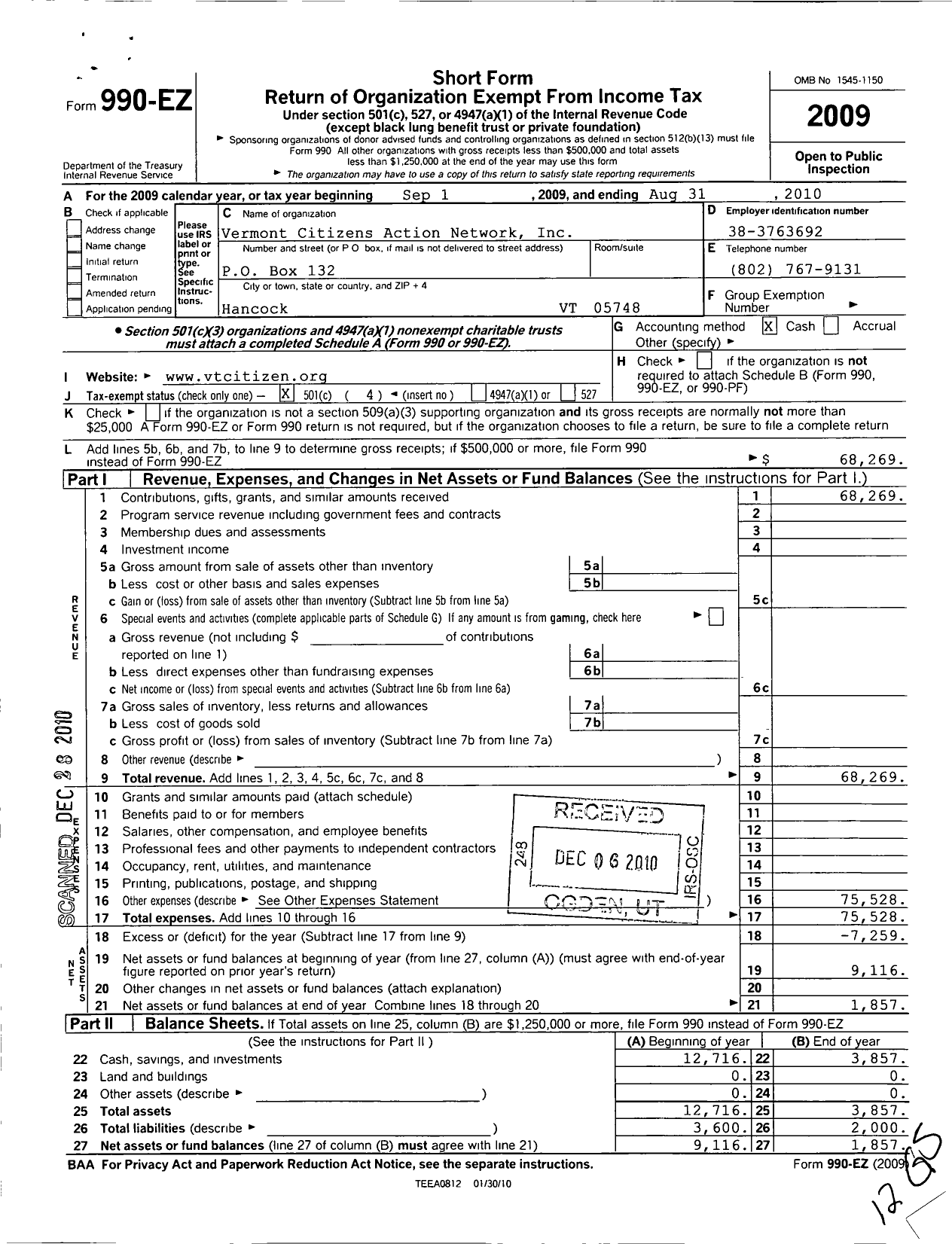 Image of first page of 2009 Form 990EO for Vermont Citizens Action Network