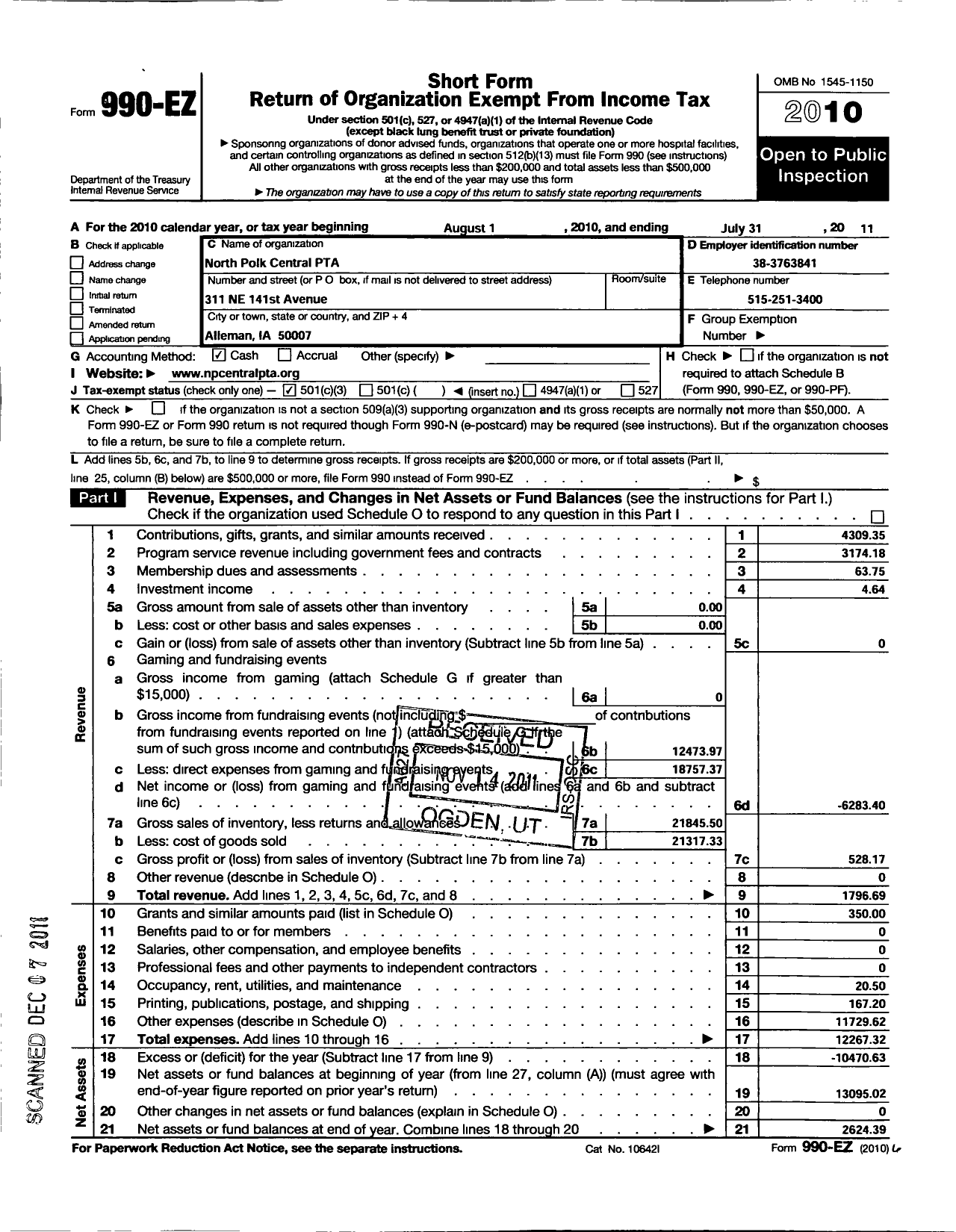 Image of first page of 2010 Form 990EZ for PTA Iowa Congress / North Polk Central PTA