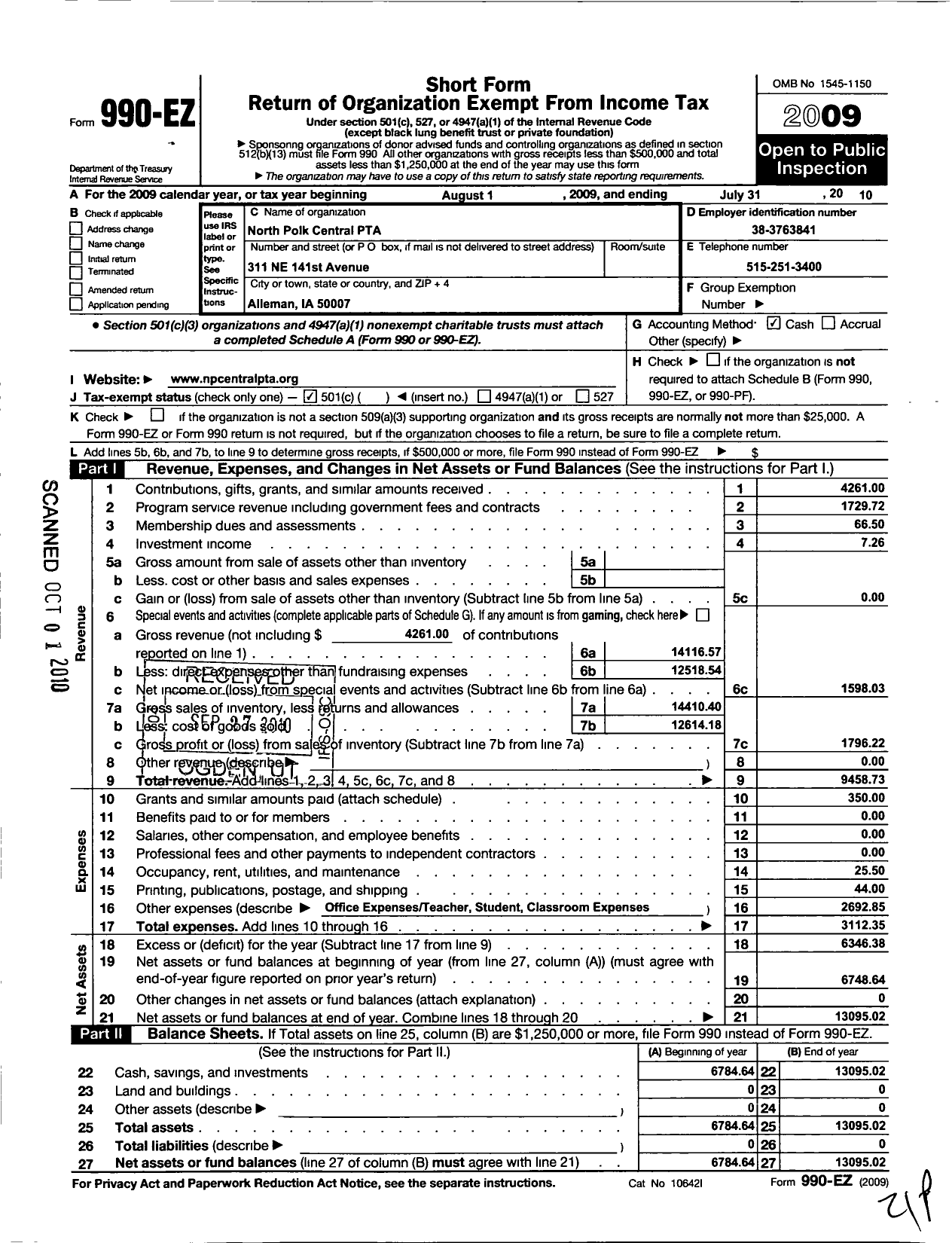 Image of first page of 2009 Form 990EO for PTA Iowa Congress / North Polk Central PTA