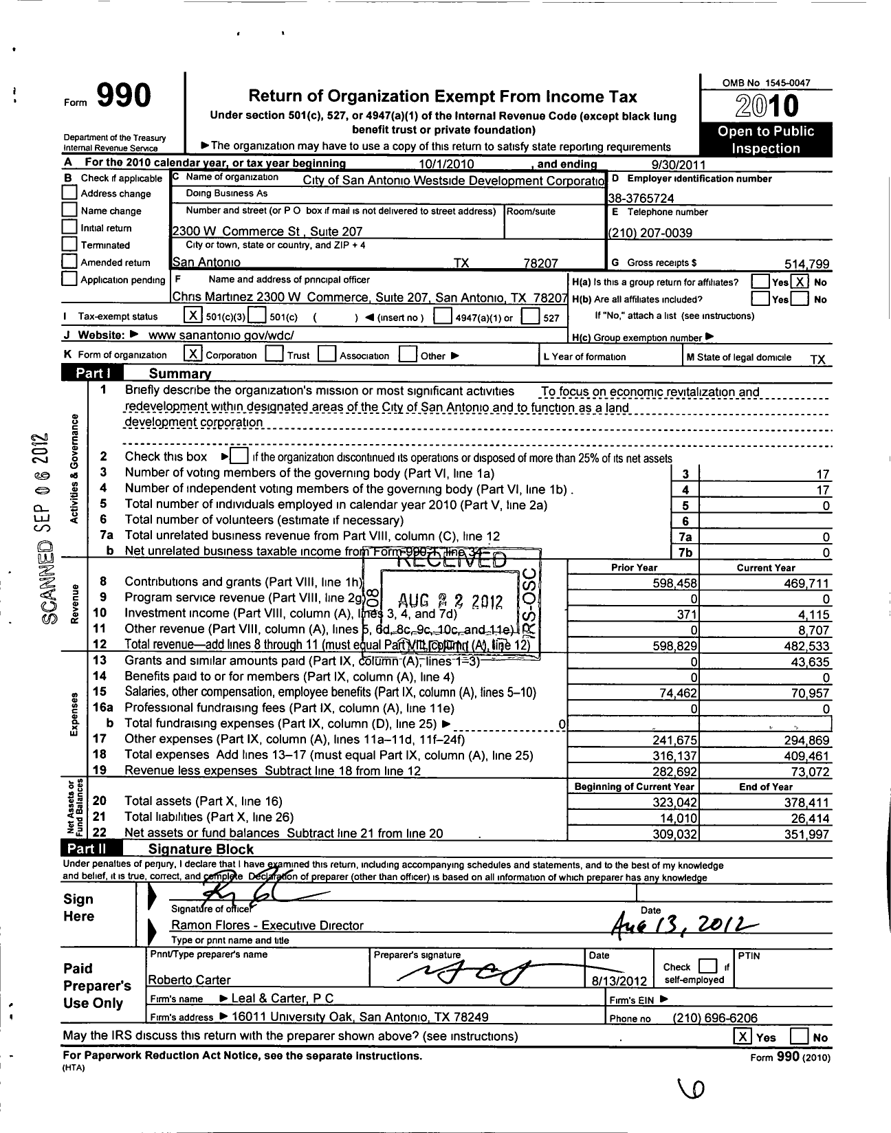 Image of first page of 2010 Form 990 for City of San Antonio Westside Development Corporati