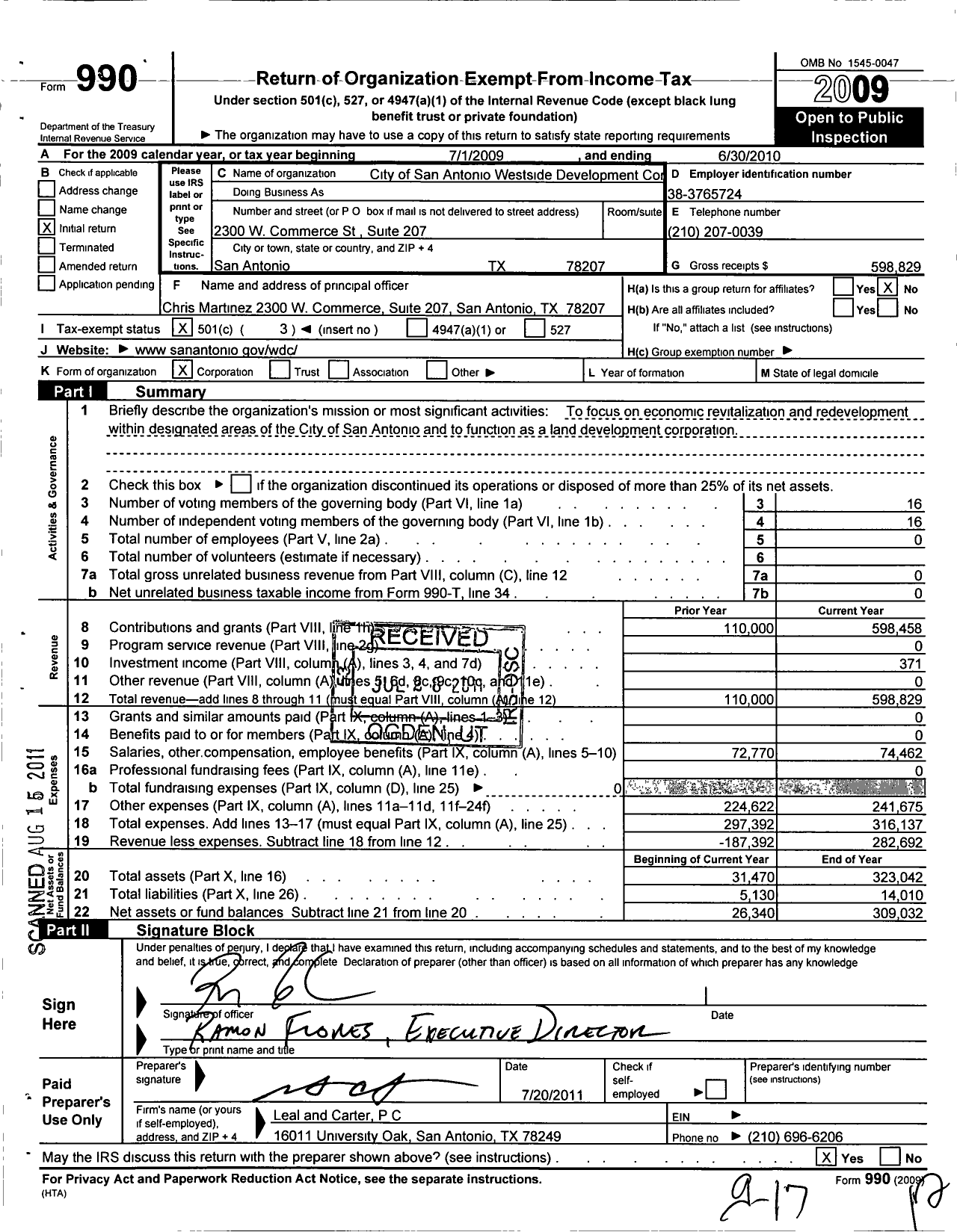 Image of first page of 2009 Form 990 for City of San Antonio Westside Development Corporati