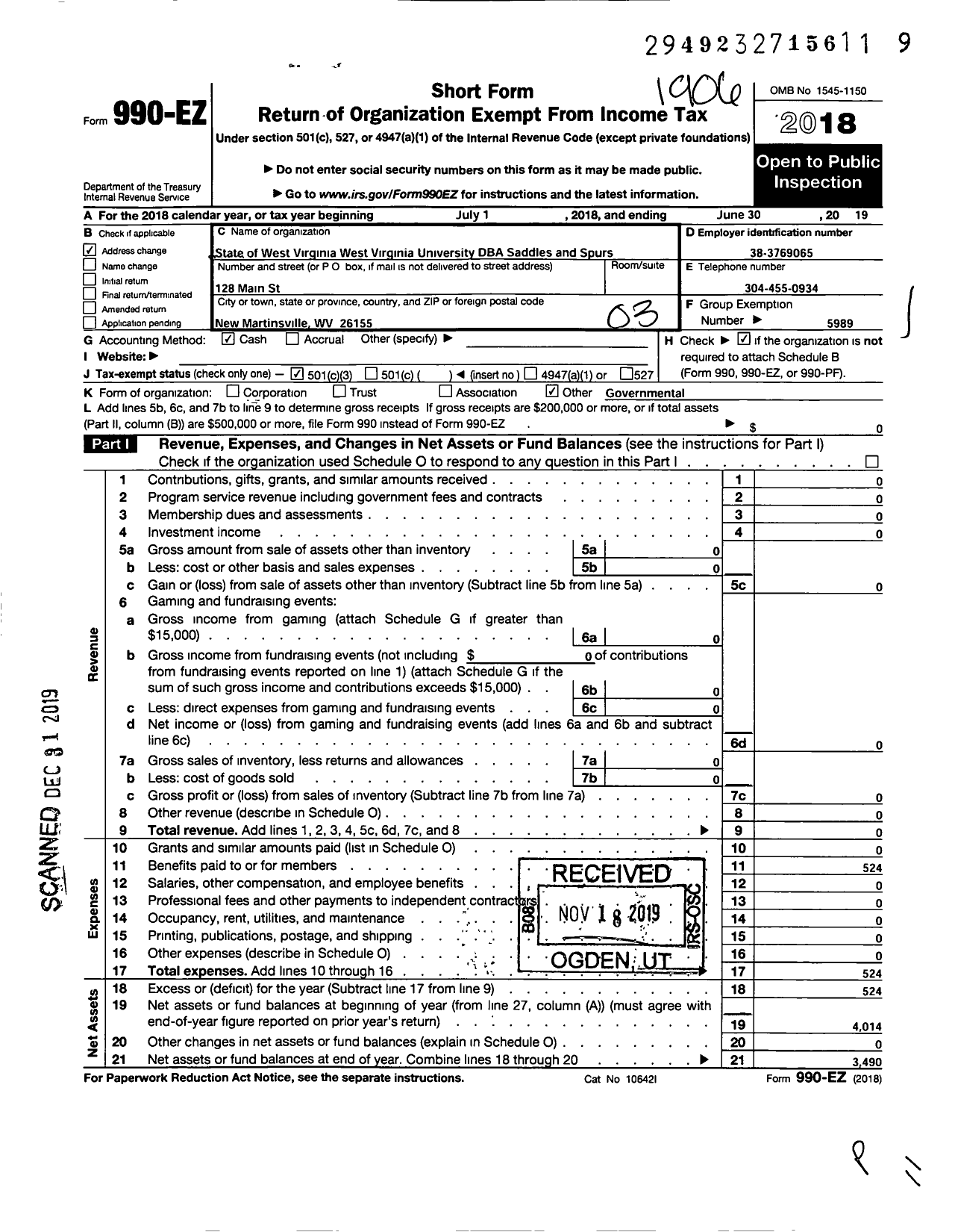 Image of first page of 2018 Form 990EZ for State of West Virginia West Virginia University / Saddles N Spurs