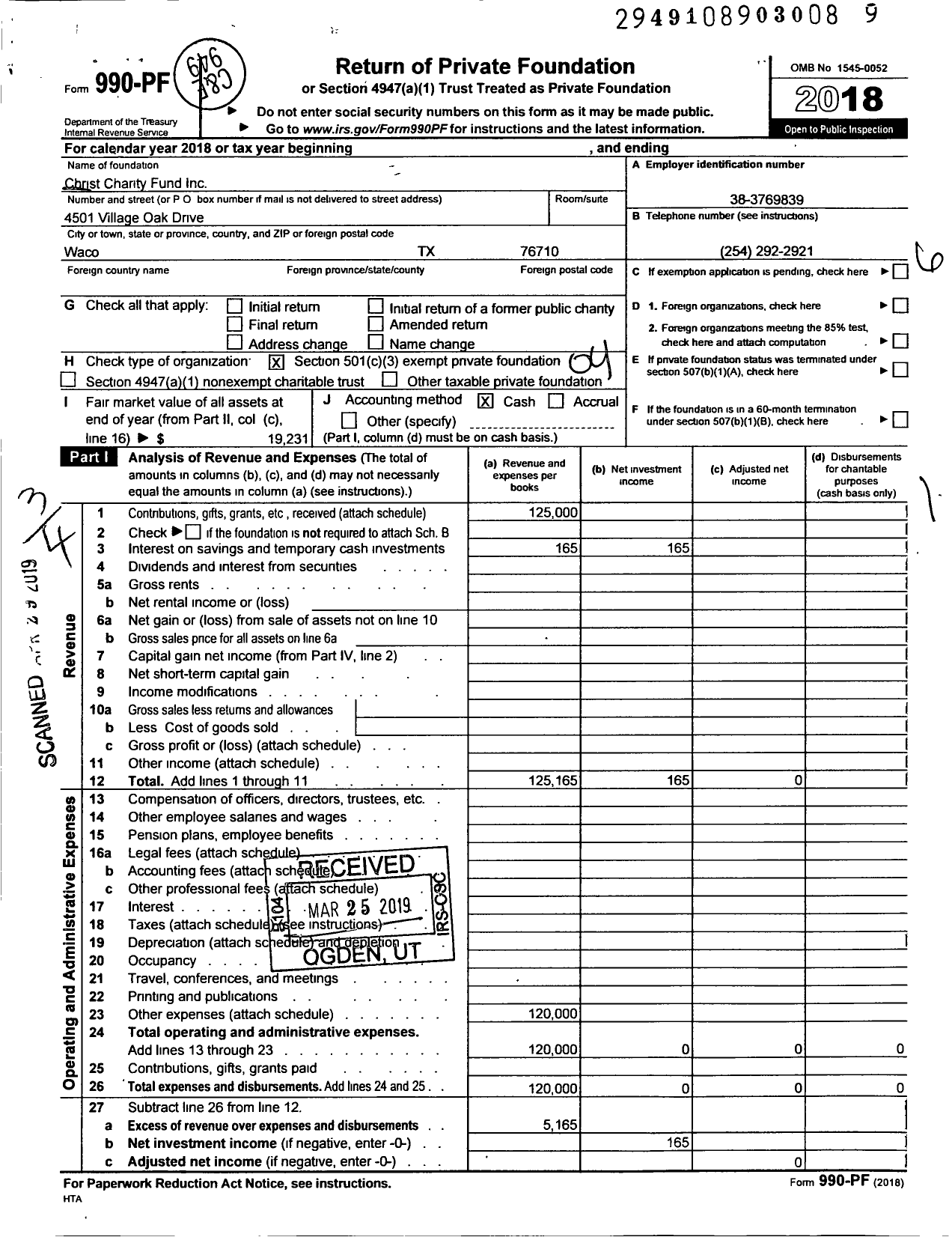 Image of first page of 2018 Form 990PF for Christ Charity Fund