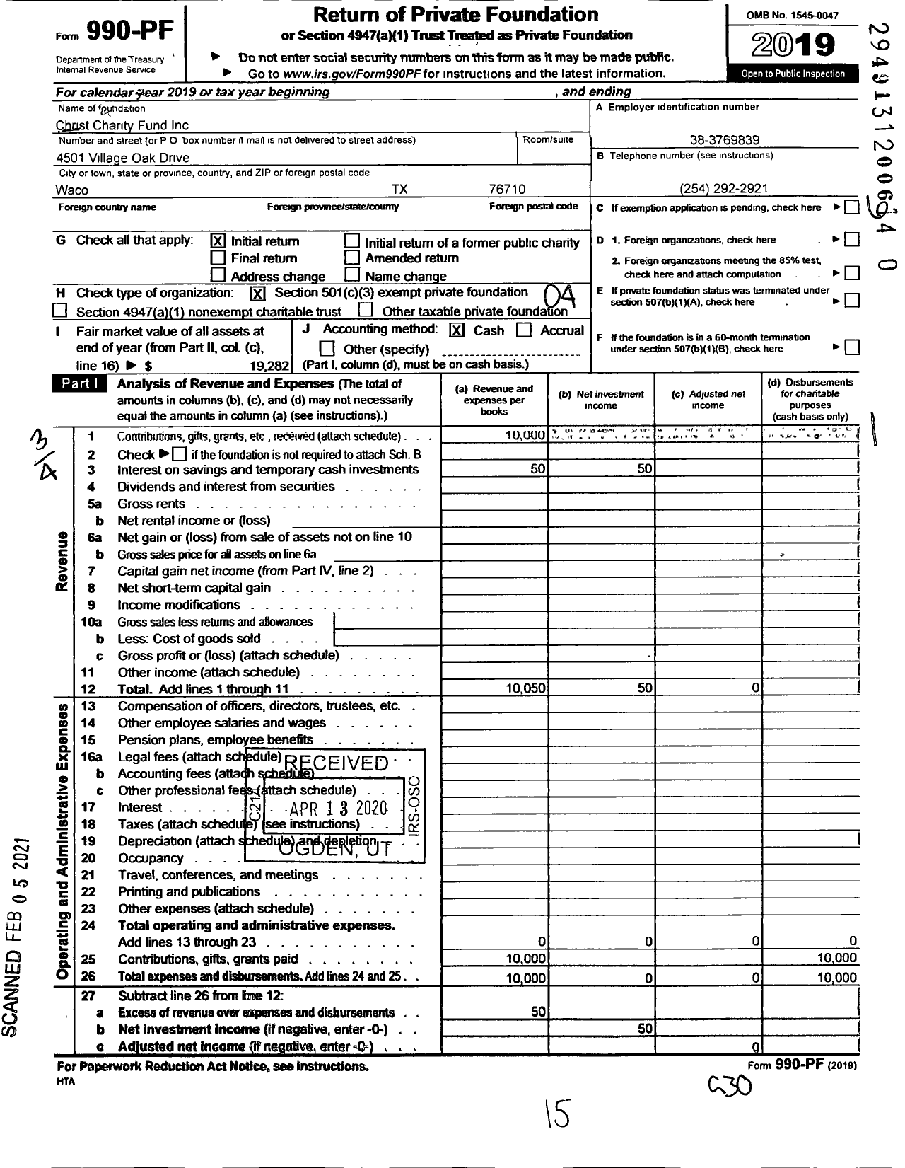 Image of first page of 2019 Form 990PF for Christ Charity Fund