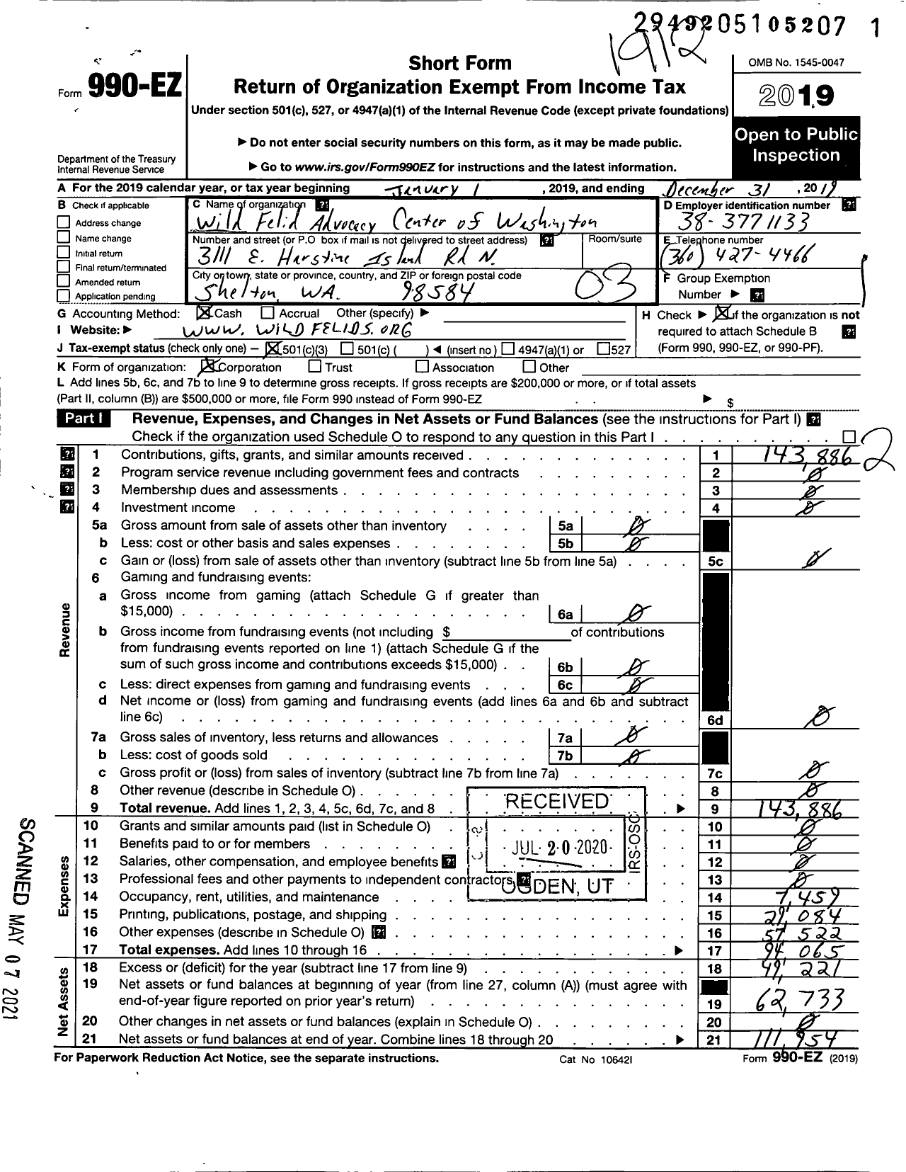 Image of first page of 2019 Form 990EZ for Wild Felid Advocacy Center of Washington