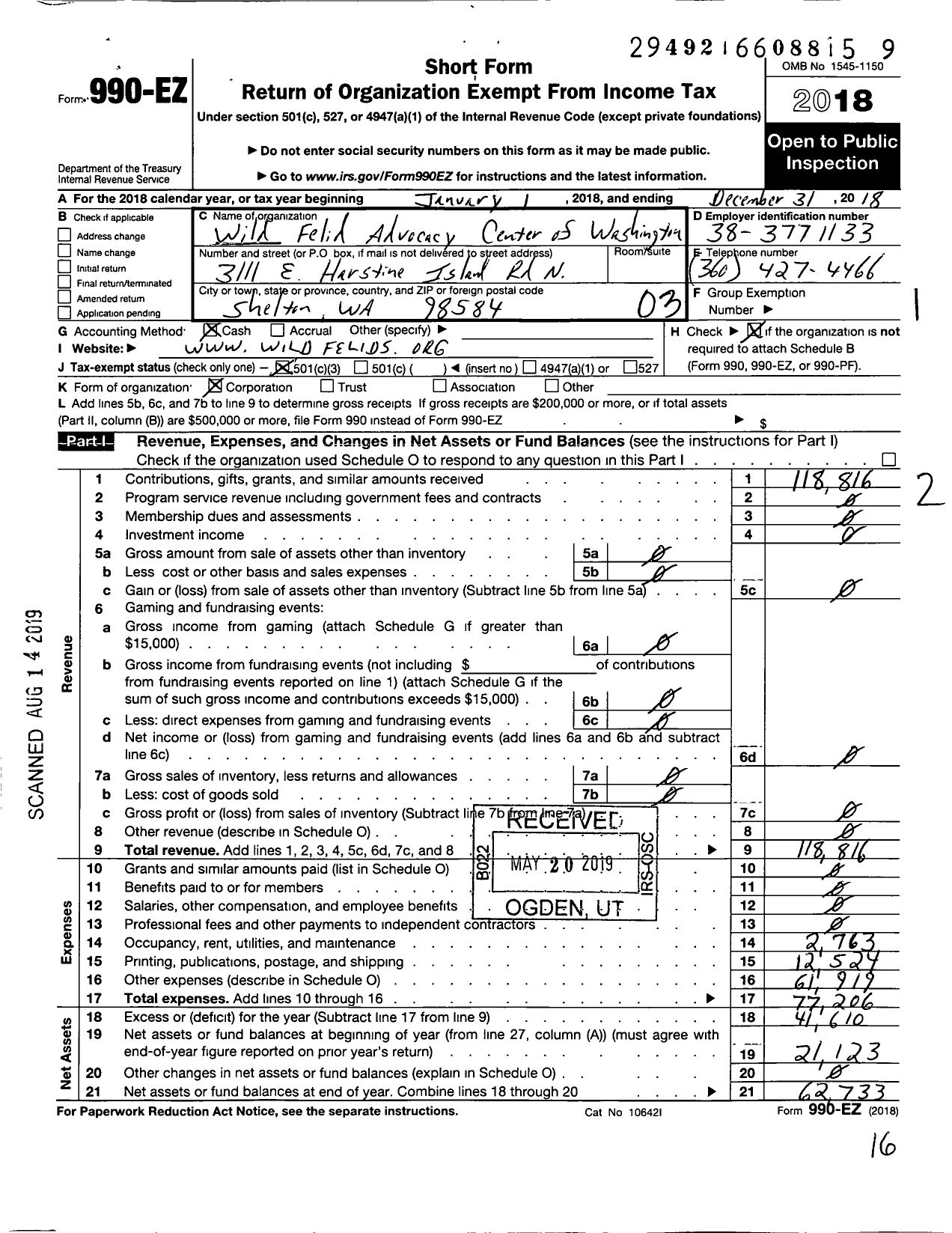 Image of first page of 2018 Form 990EZ for Wild Felid Advocacy Center of Washington