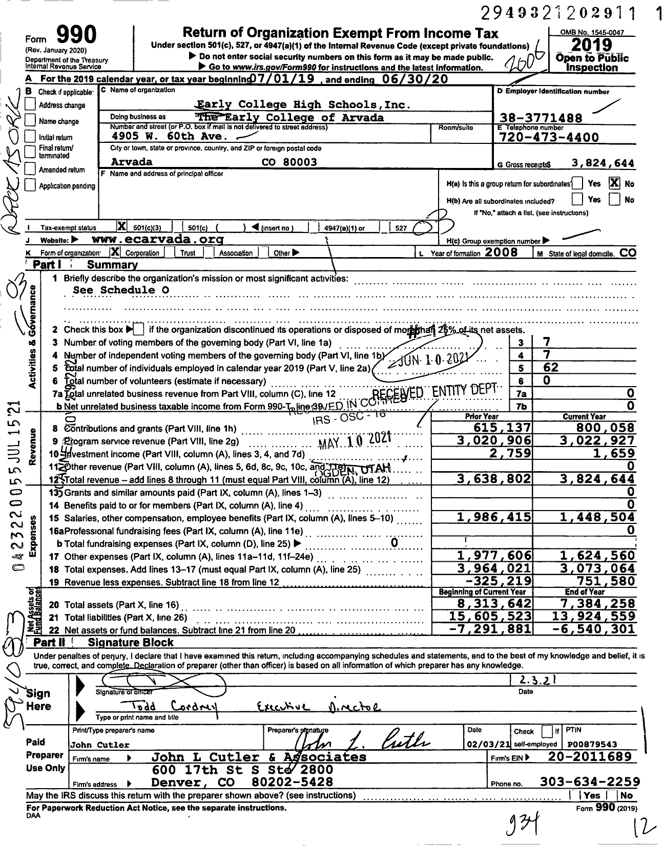 Image of first page of 2019 Form 990 for The Early College of Arvada