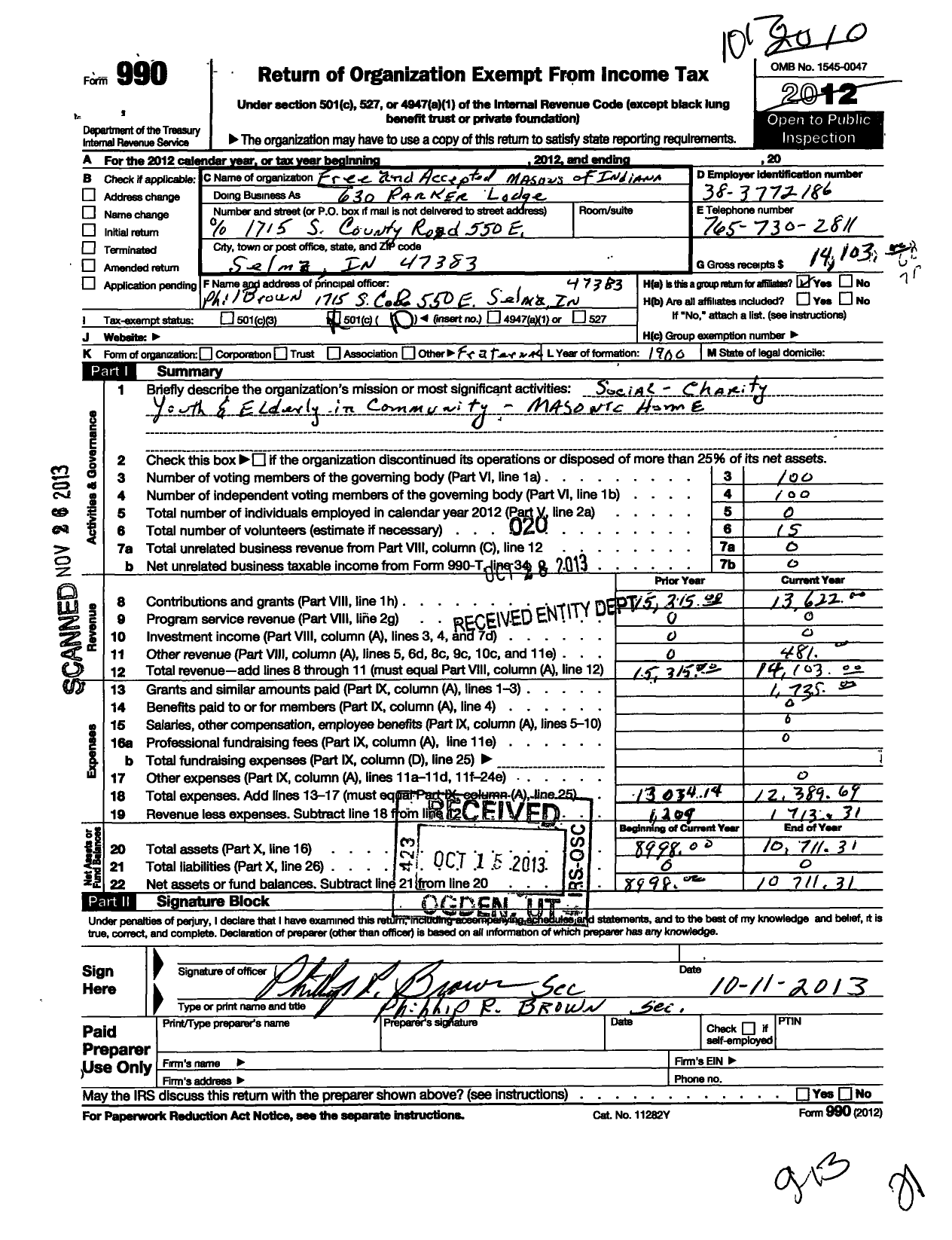 Image of first page of 2010 Form 990O for Free & Accepted Masons of Indiana - 630 Parker Lodge