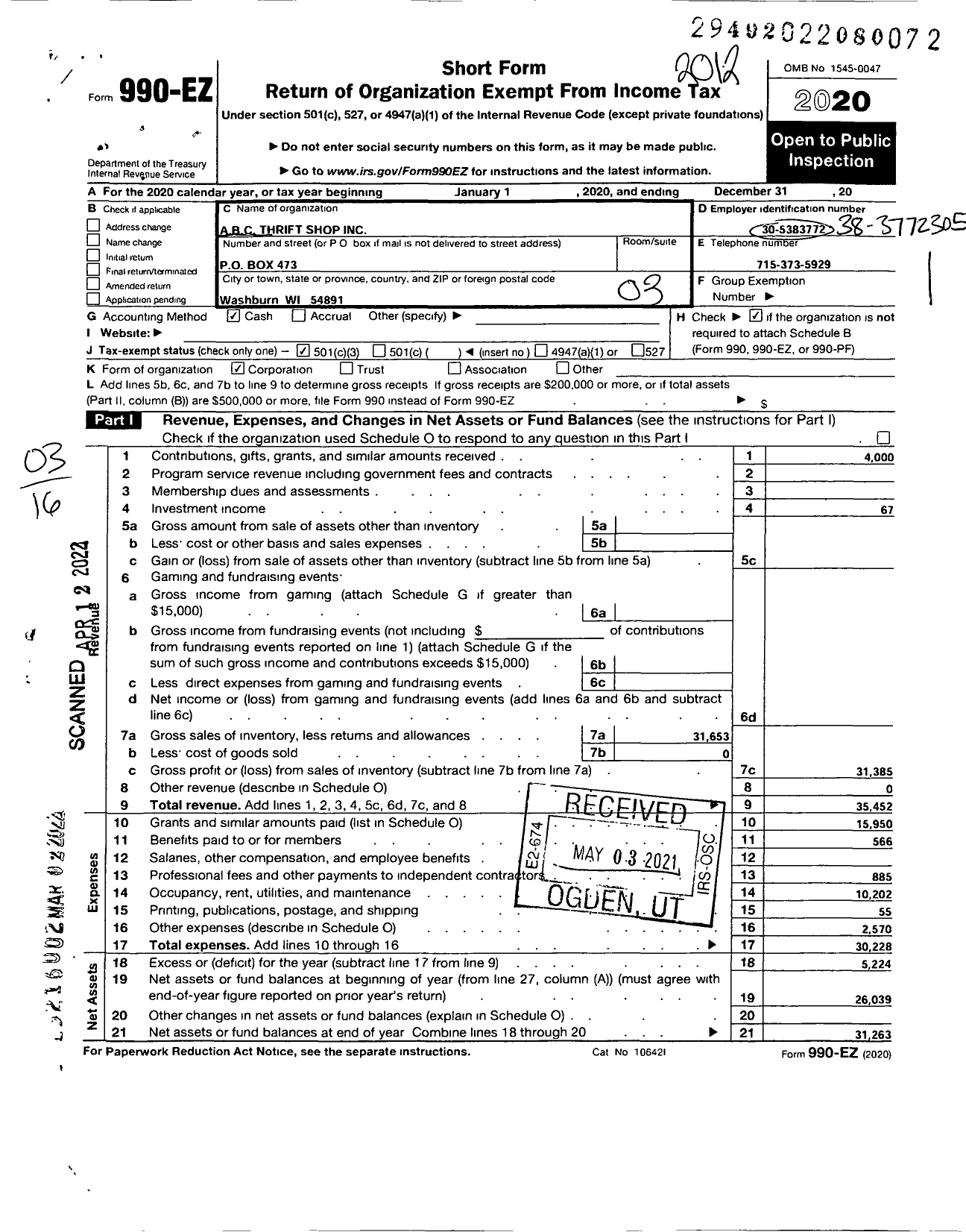 Image of first page of 2020 Form 990EZ for Abc Thrift Shop