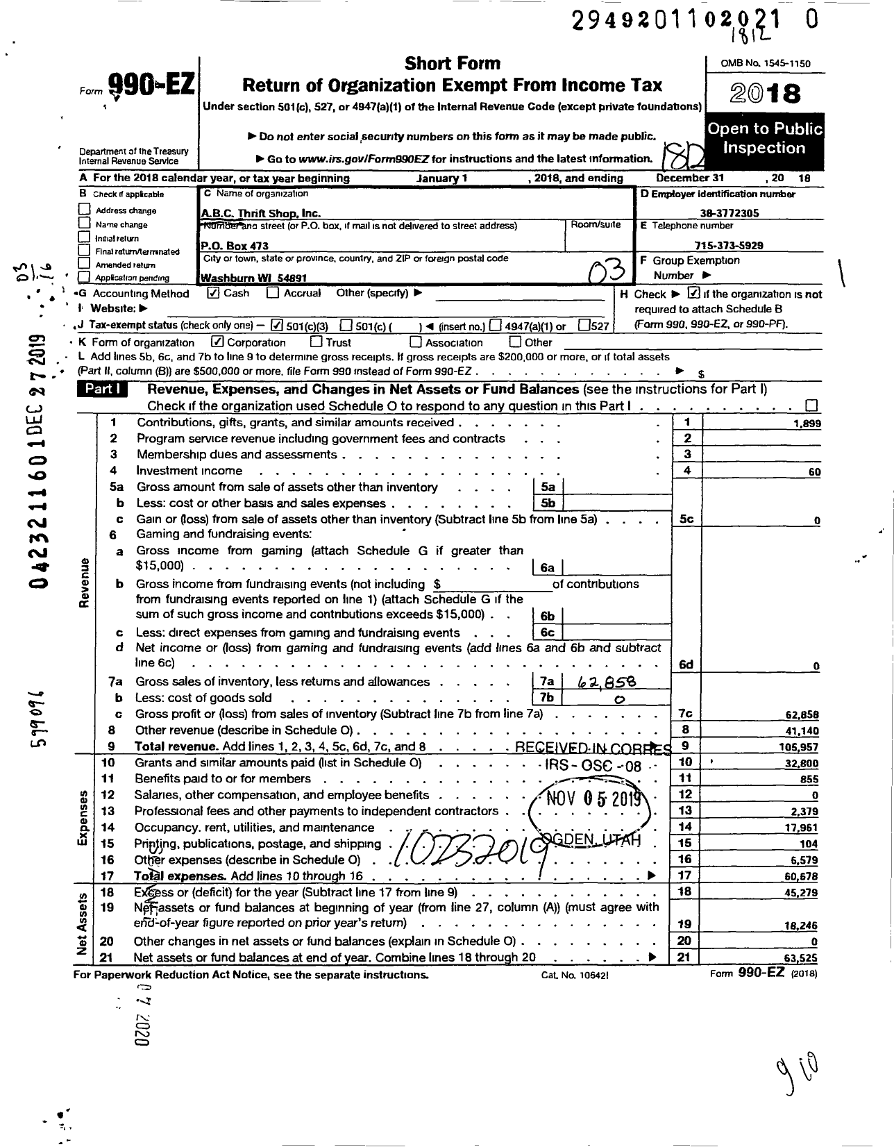 Image of first page of 2018 Form 990EZ for Abc Thrift Shop