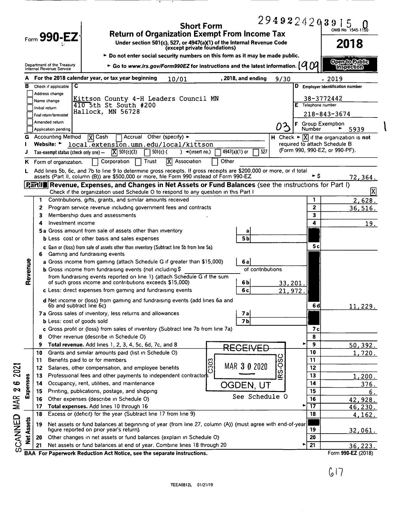 Image of first page of 2018 Form 990EZ for Kittson County 4-H Leaders Council MN