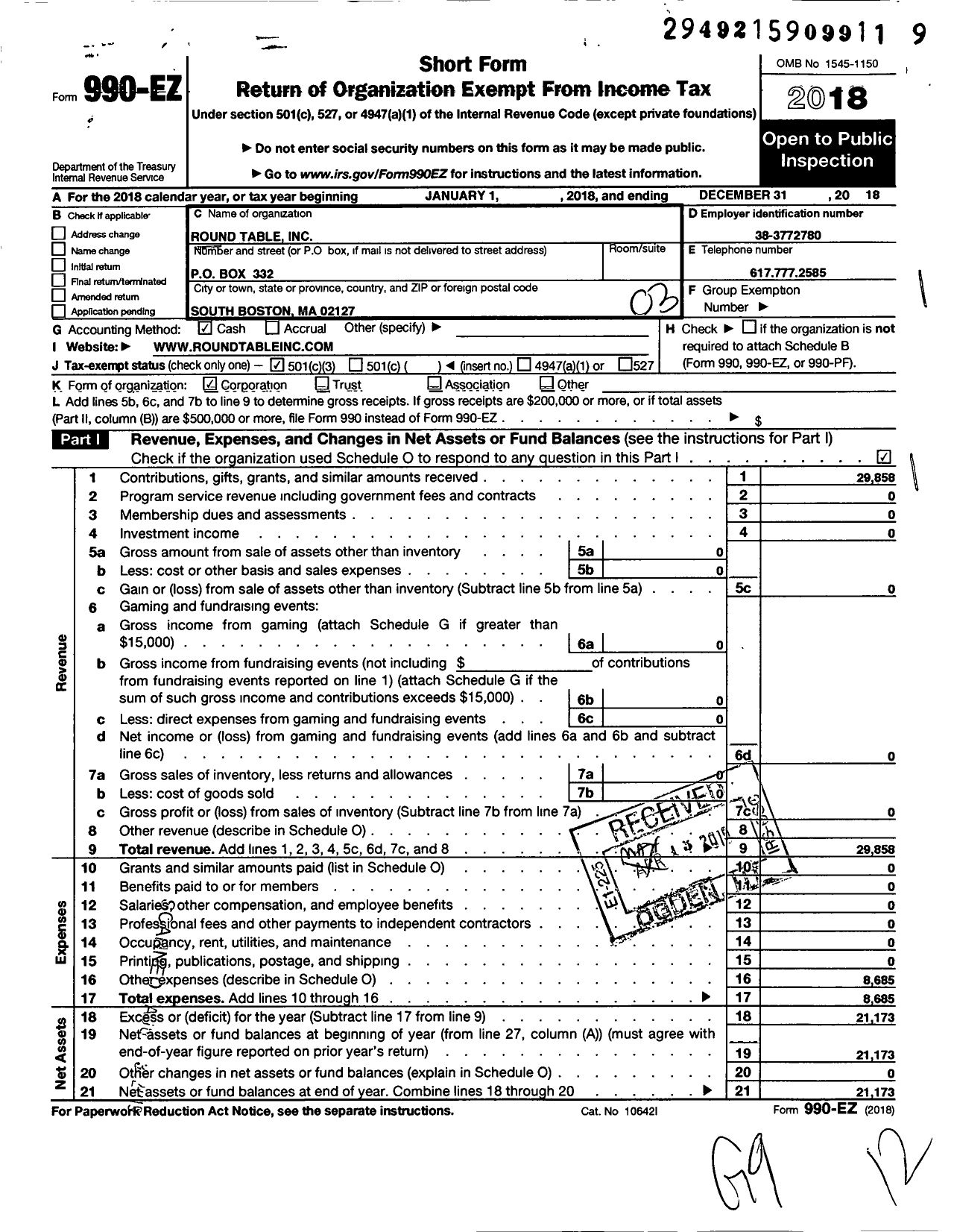 Image of first page of 2018 Form 990EZ for Round Table