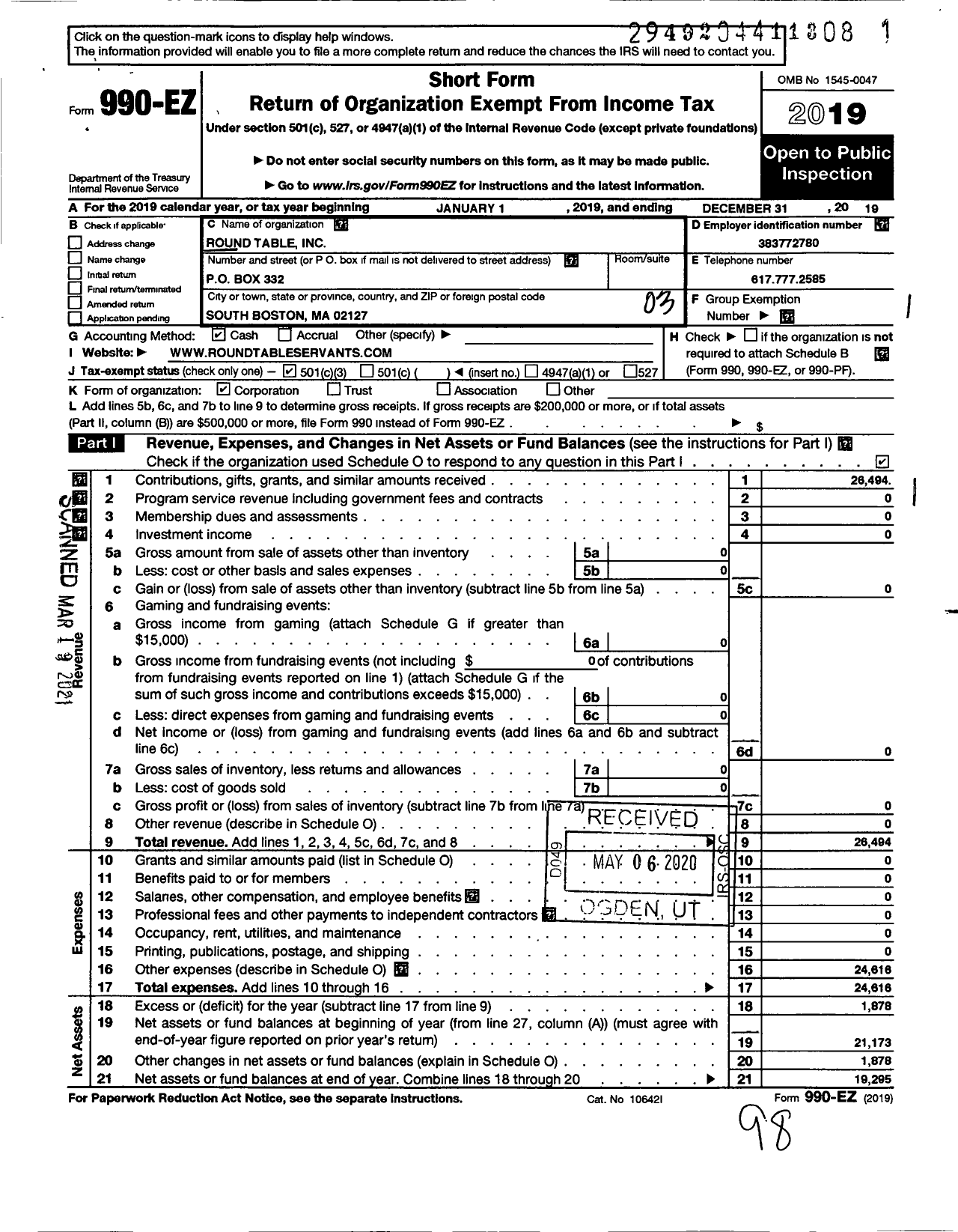 Image of first page of 2019 Form 990EZ for Round Table