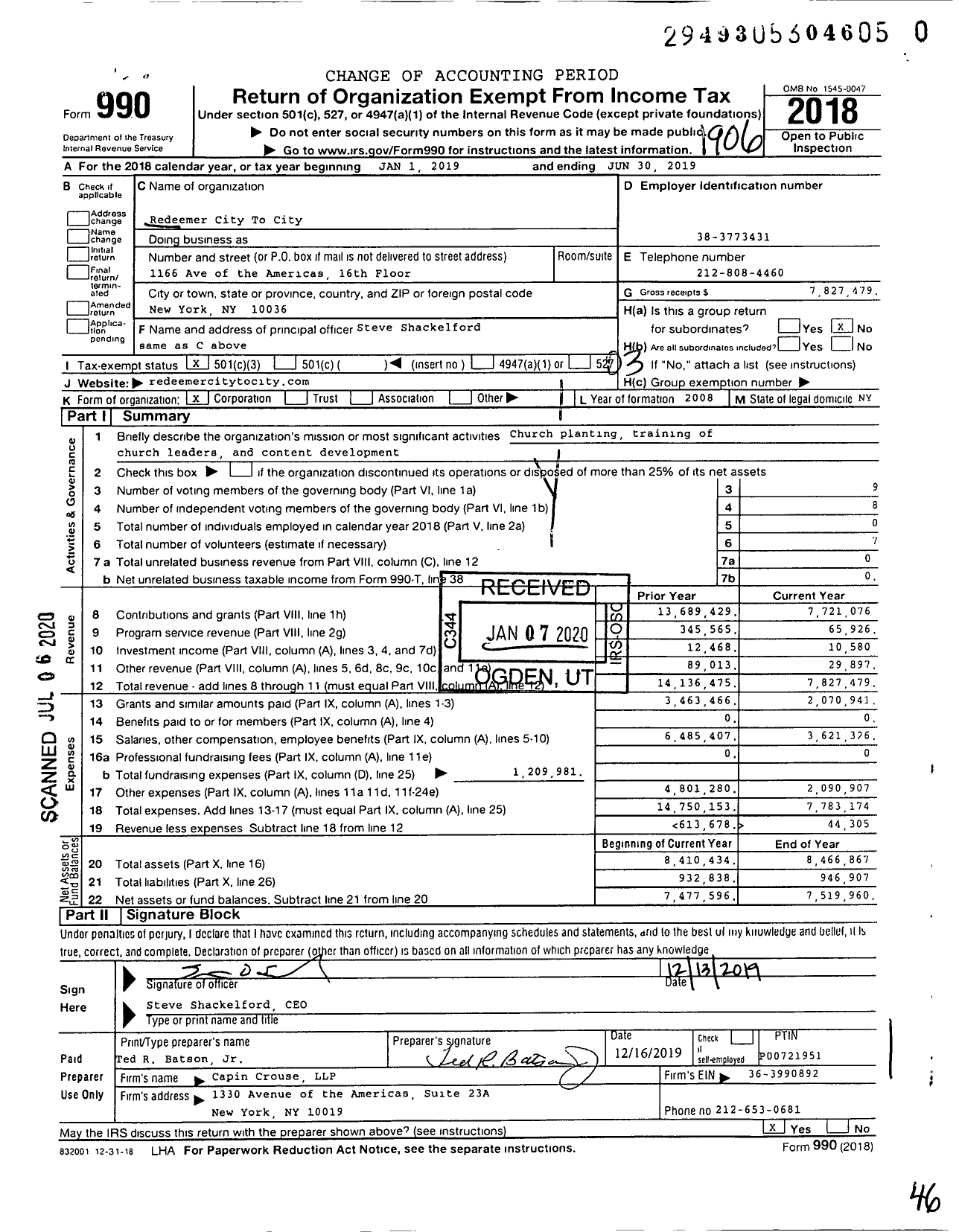 Image of first page of 2018 Form 990 for Redeemer City To City