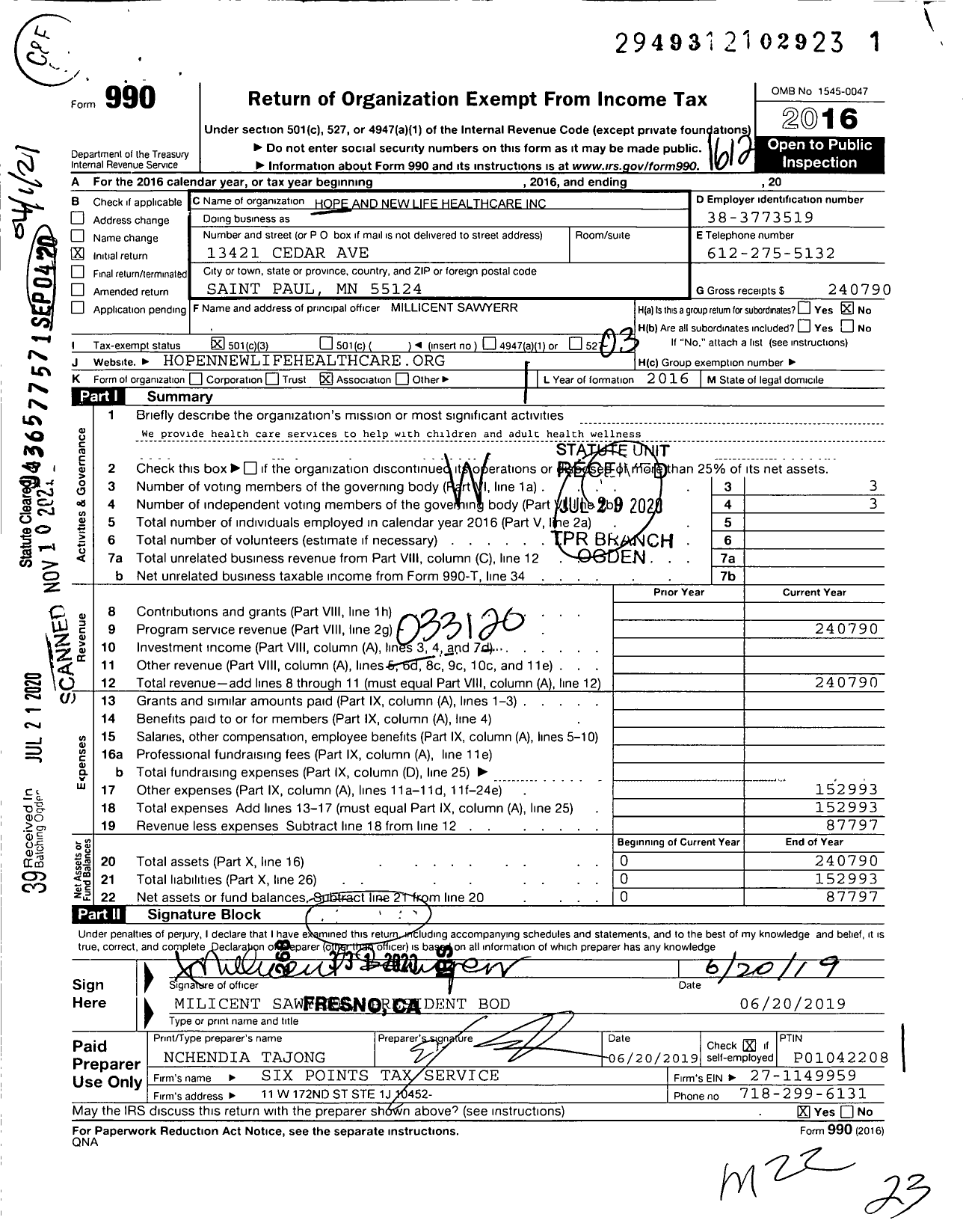 Image of first page of 2016 Form 990 for Hope and New Life Healthcare