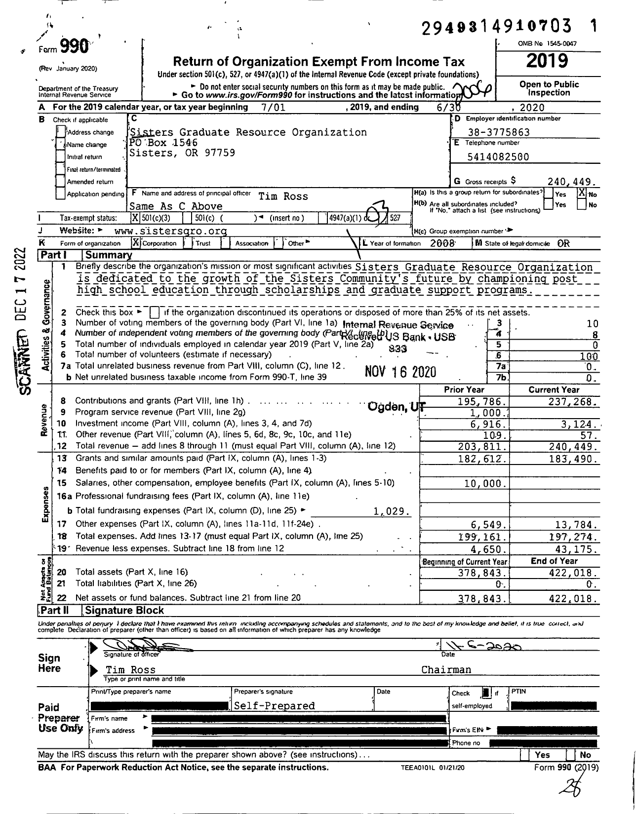 Image of first page of 2019 Form 990 for Sisters Graduate Resource Organiazation