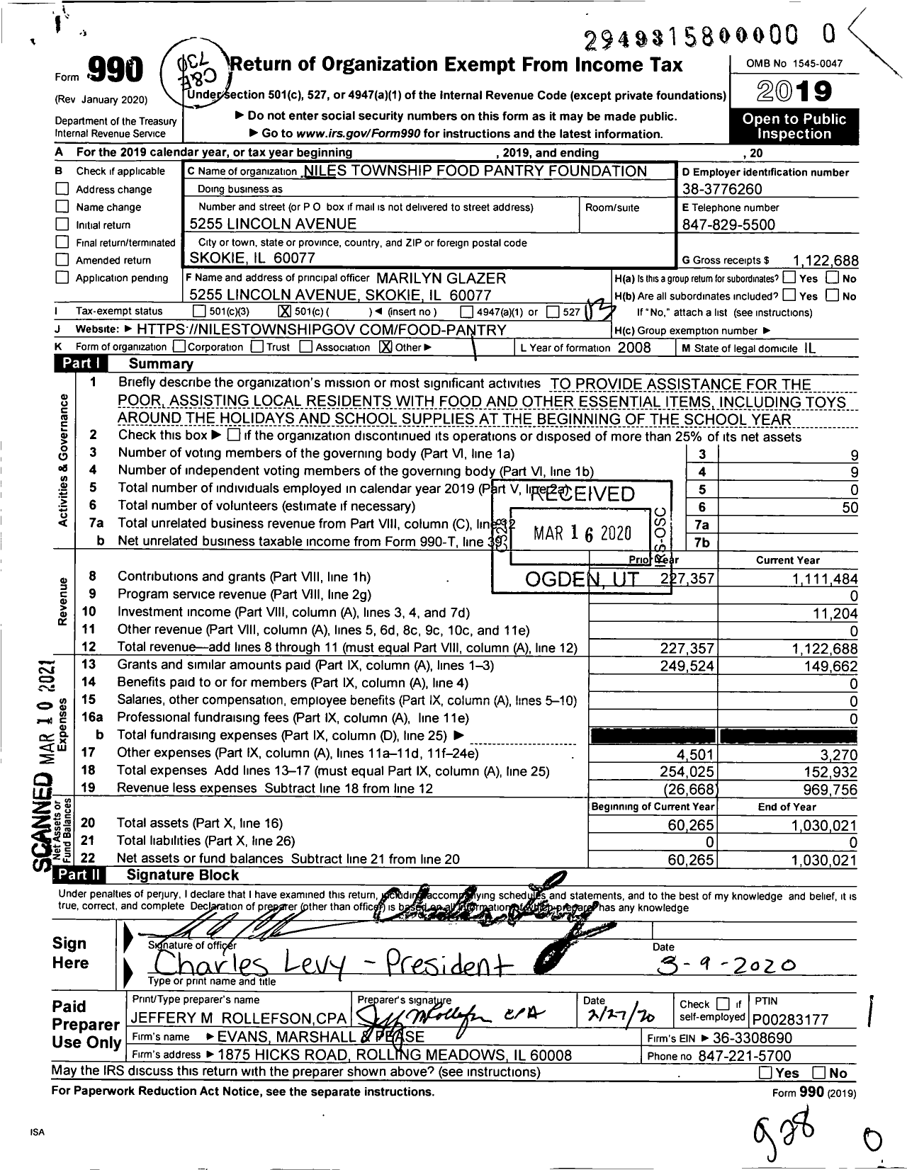 Image of first page of 2019 Form 990 for Niles Township Food Pantry Foundation