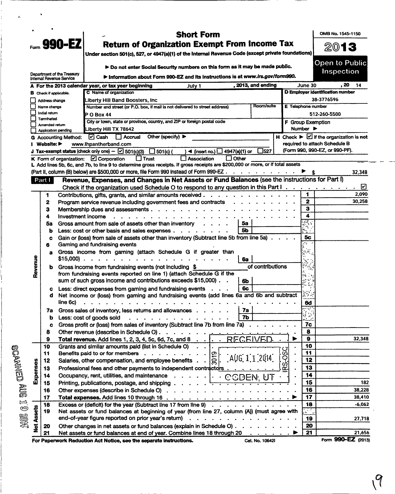 Image of first page of 2013 Form 990EZ for Liberty Hill Band Boosters