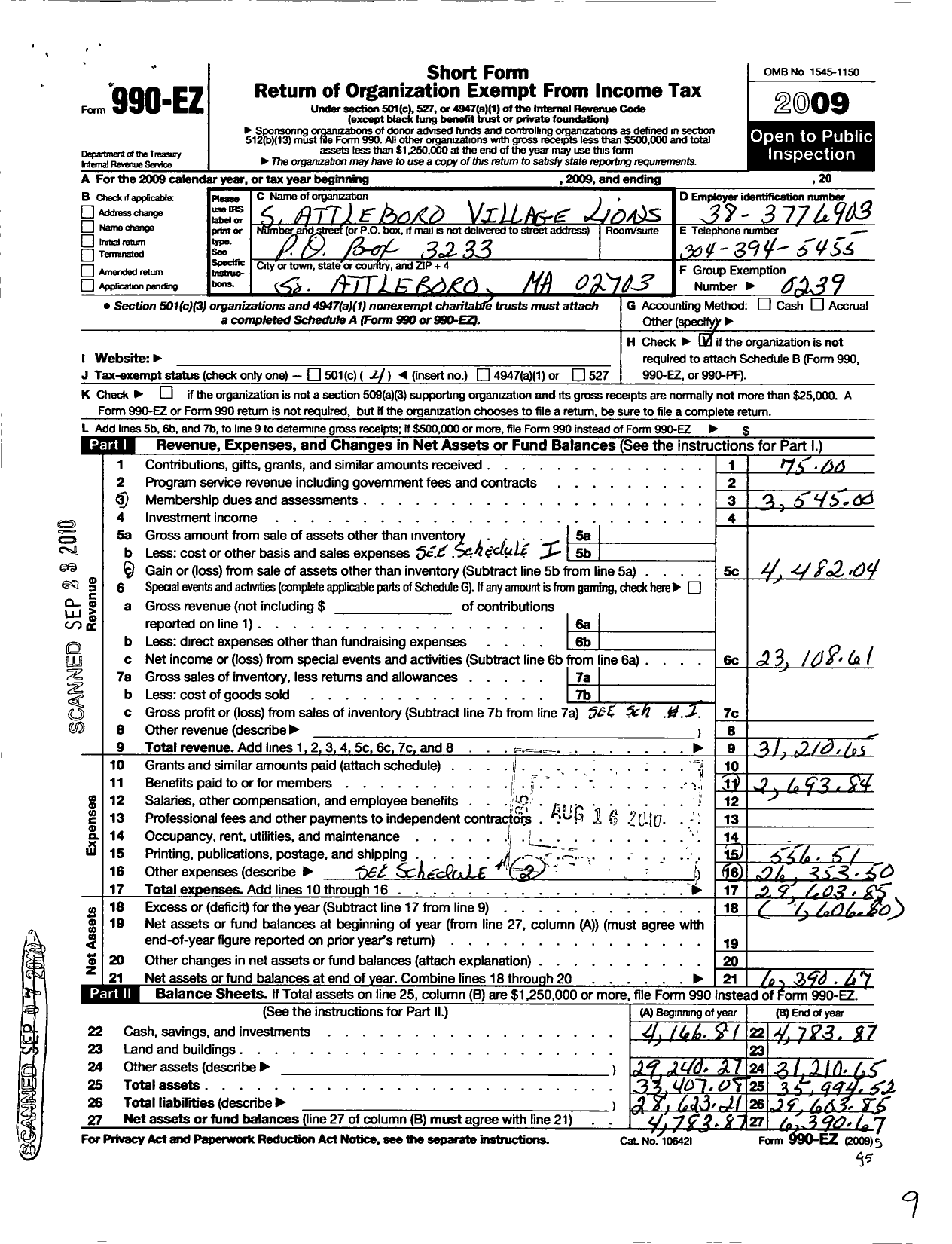 Image of first page of 2009 Form 990EO for Lions Clubs - 52815 South Attleboro Village