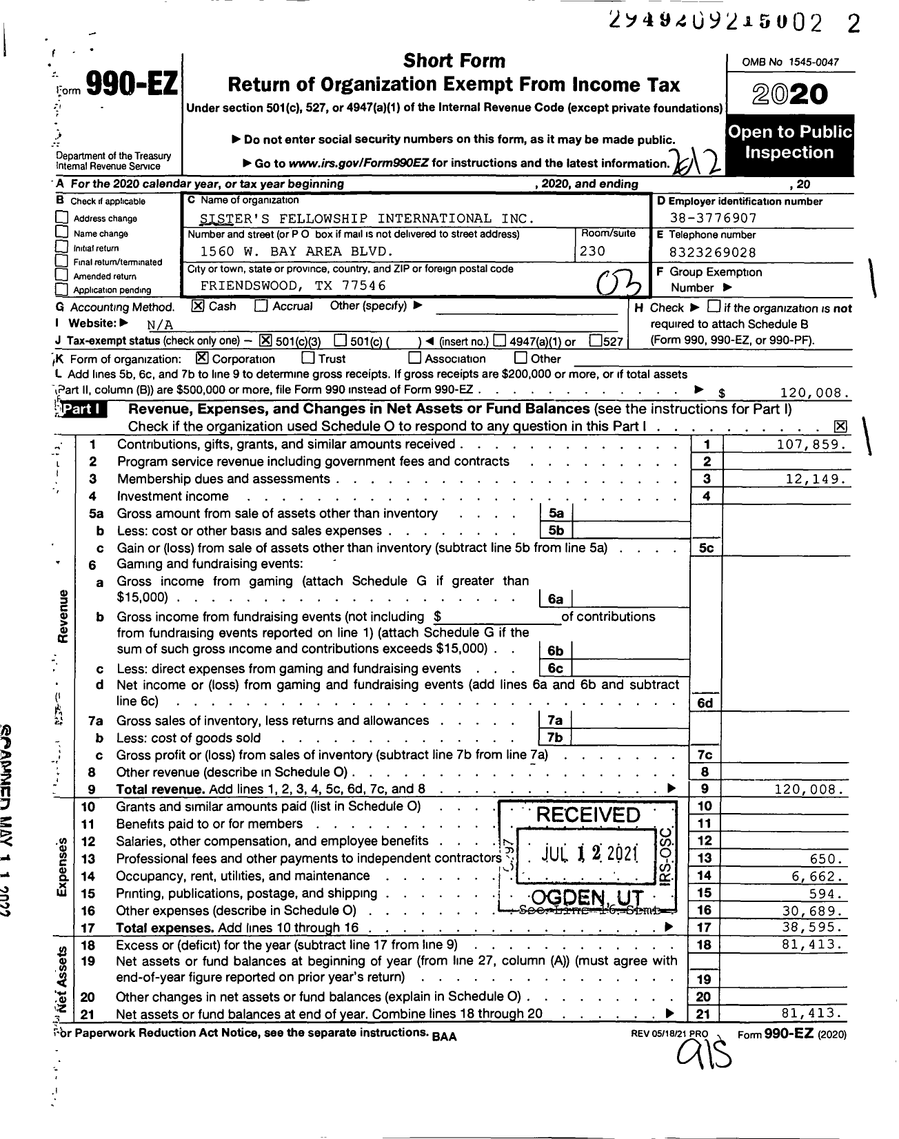 Image of first page of 2020 Form 990EZ for Sisters Fellowship International