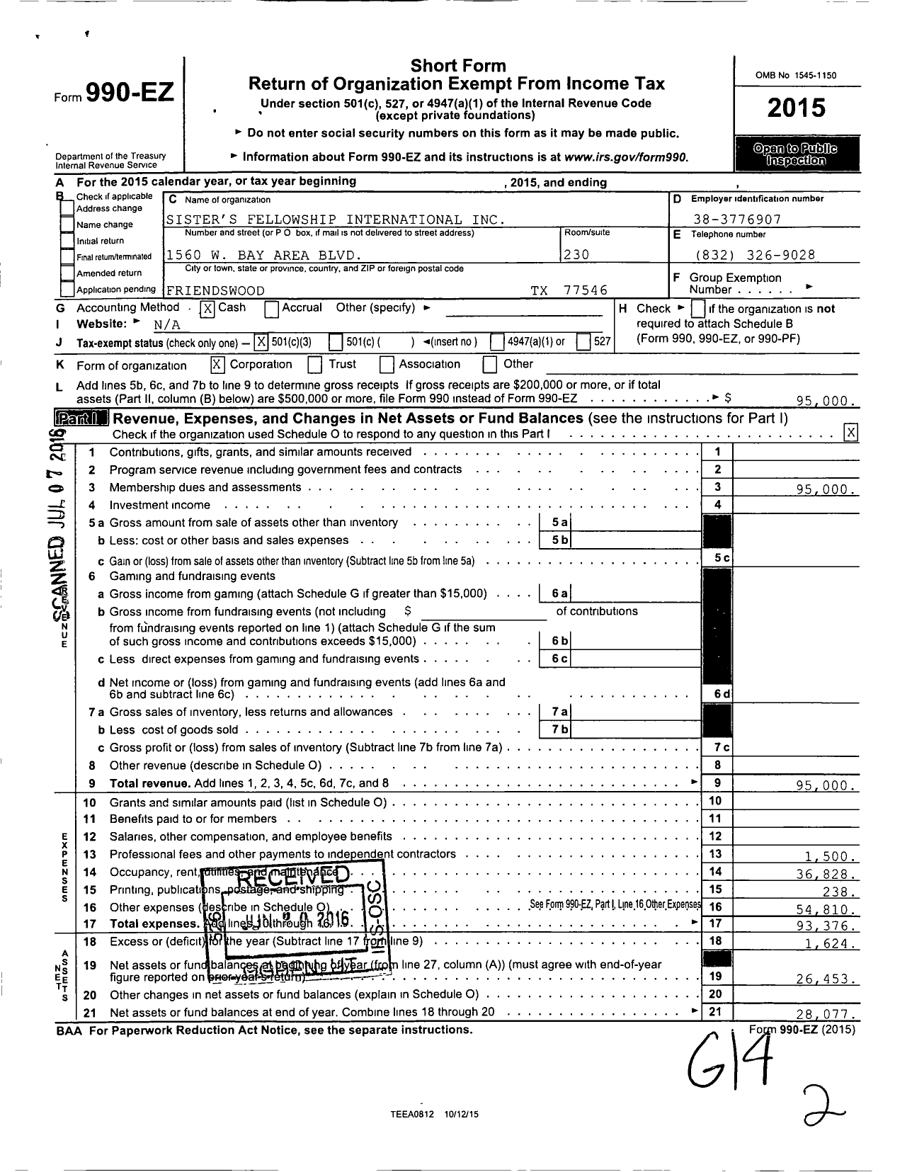 Image of first page of 2015 Form 990EZ for Sisters Fellowship International