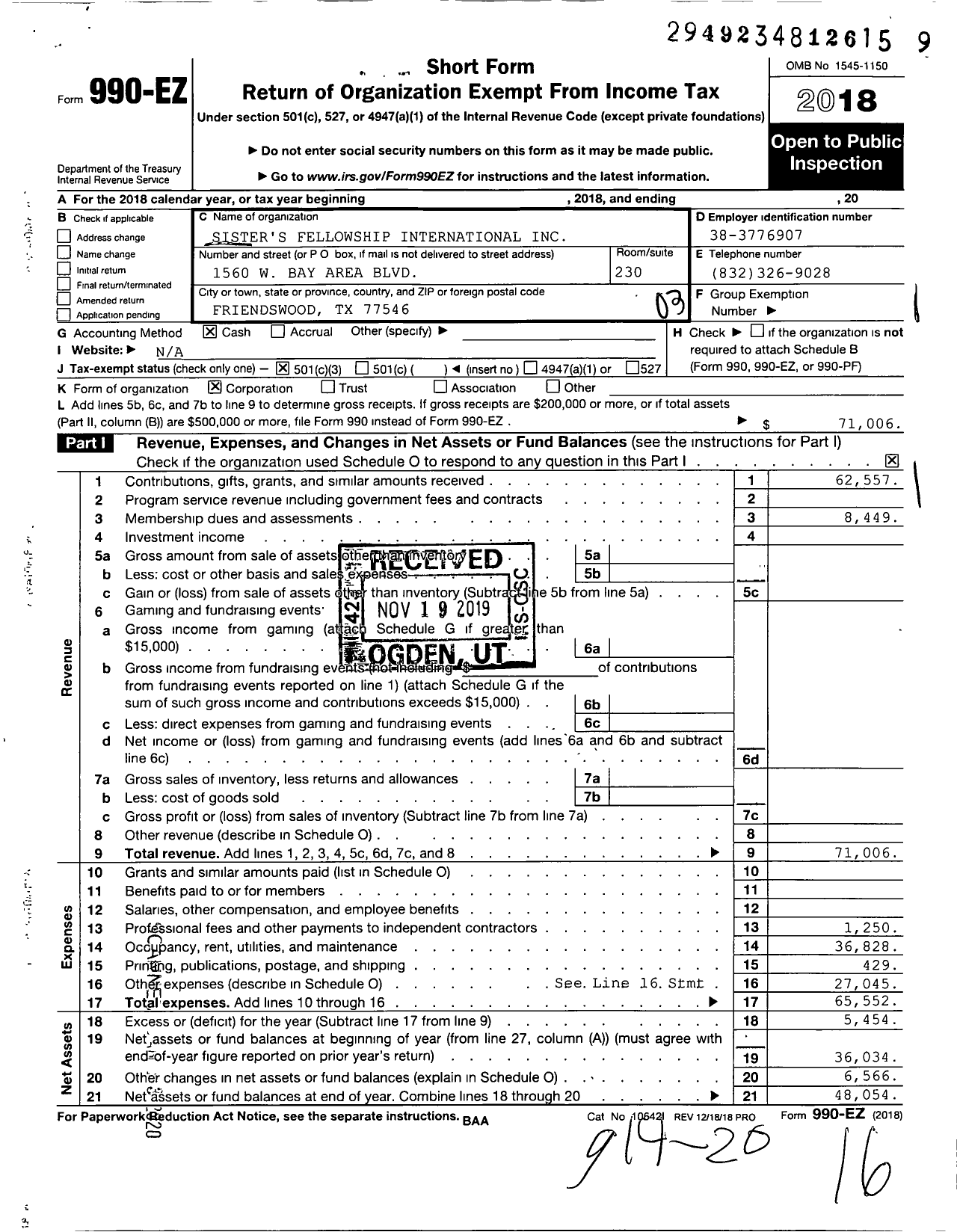 Image of first page of 2018 Form 990EZ for Sisters Fellowship International