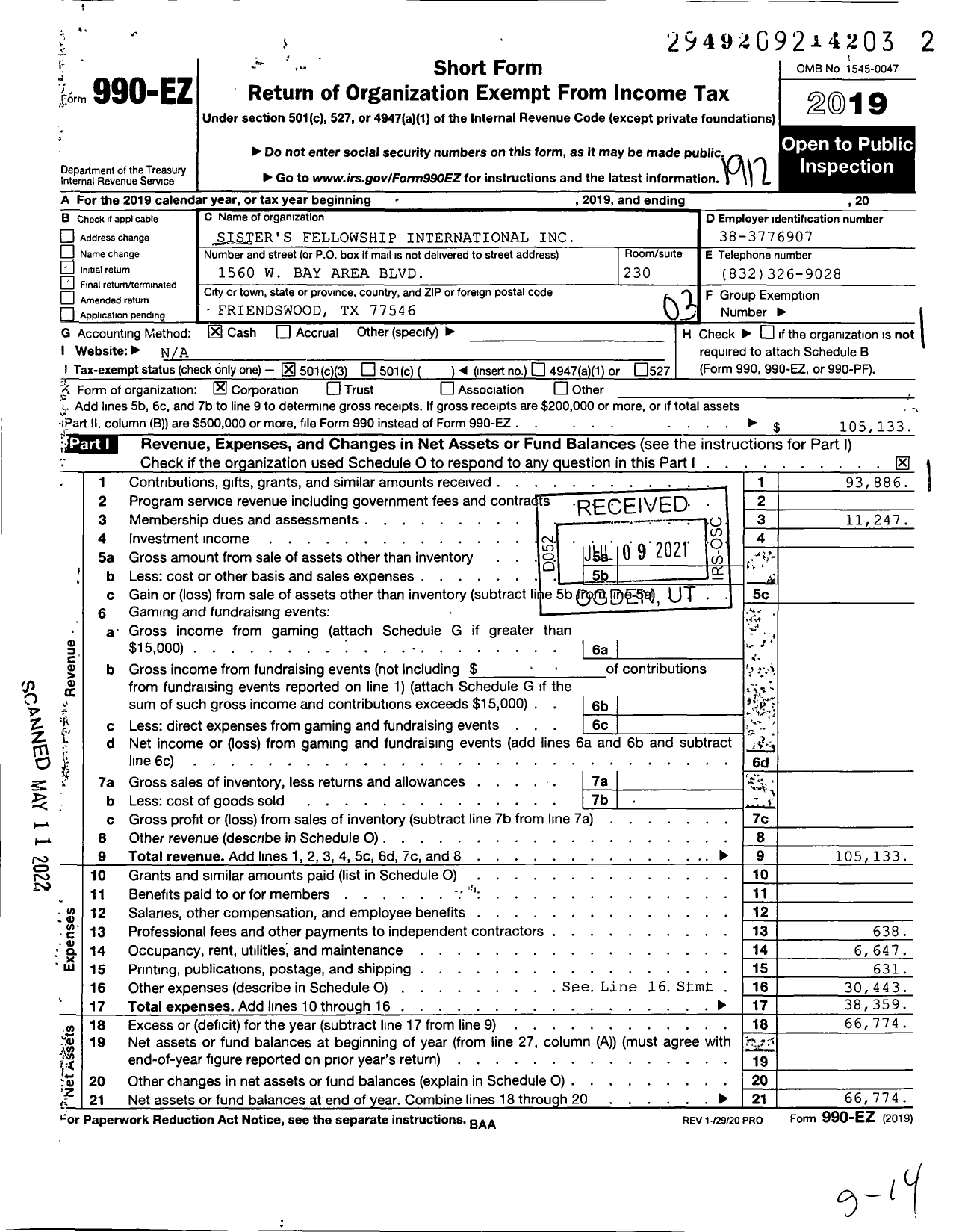 Image of first page of 2019 Form 990EZ for Sisters Fellowship International