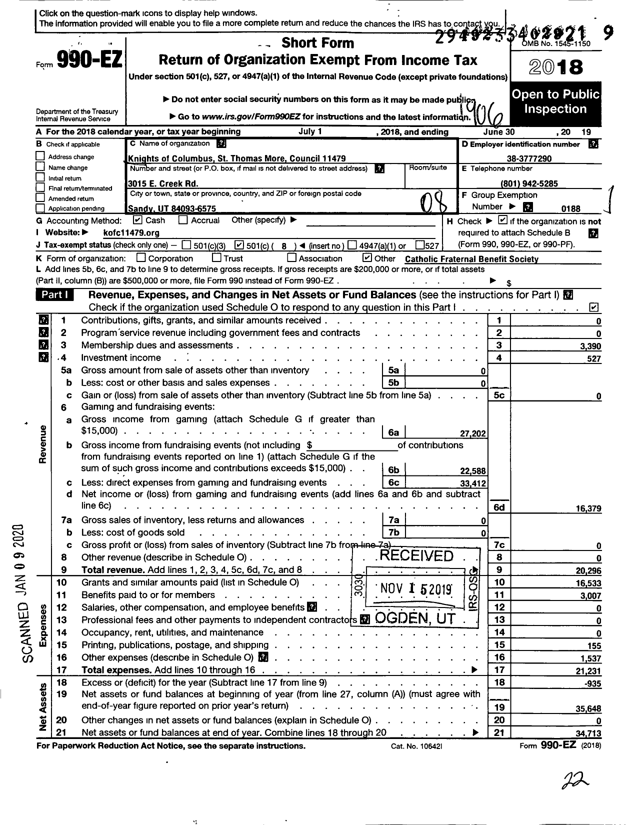 Image of first page of 2018 Form 990EO for Knights of Columbus - 11479 St Thomas More Council