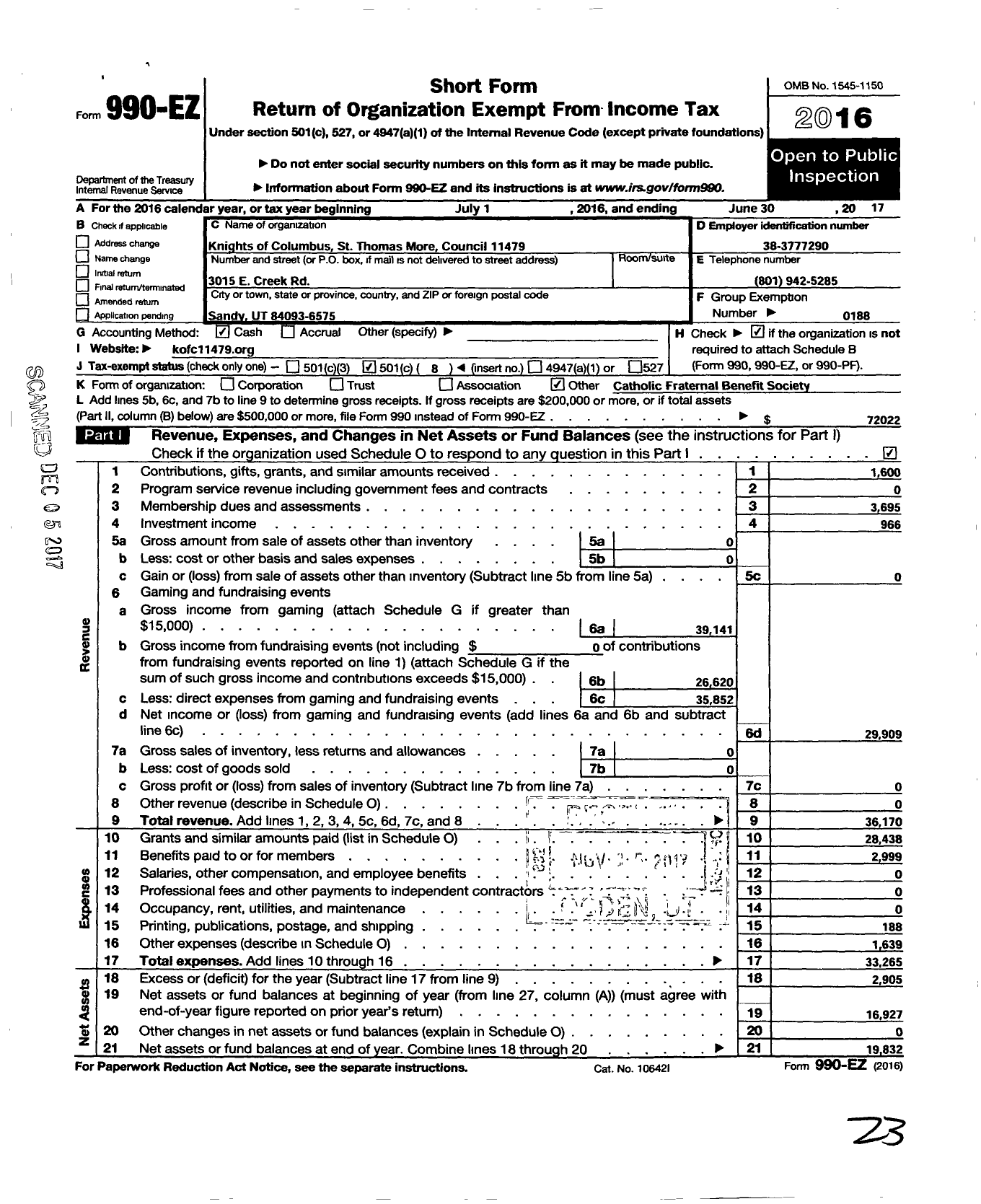 Image of first page of 2016 Form 990EO for Knights of Columbus - 11479 St Thomas More Council