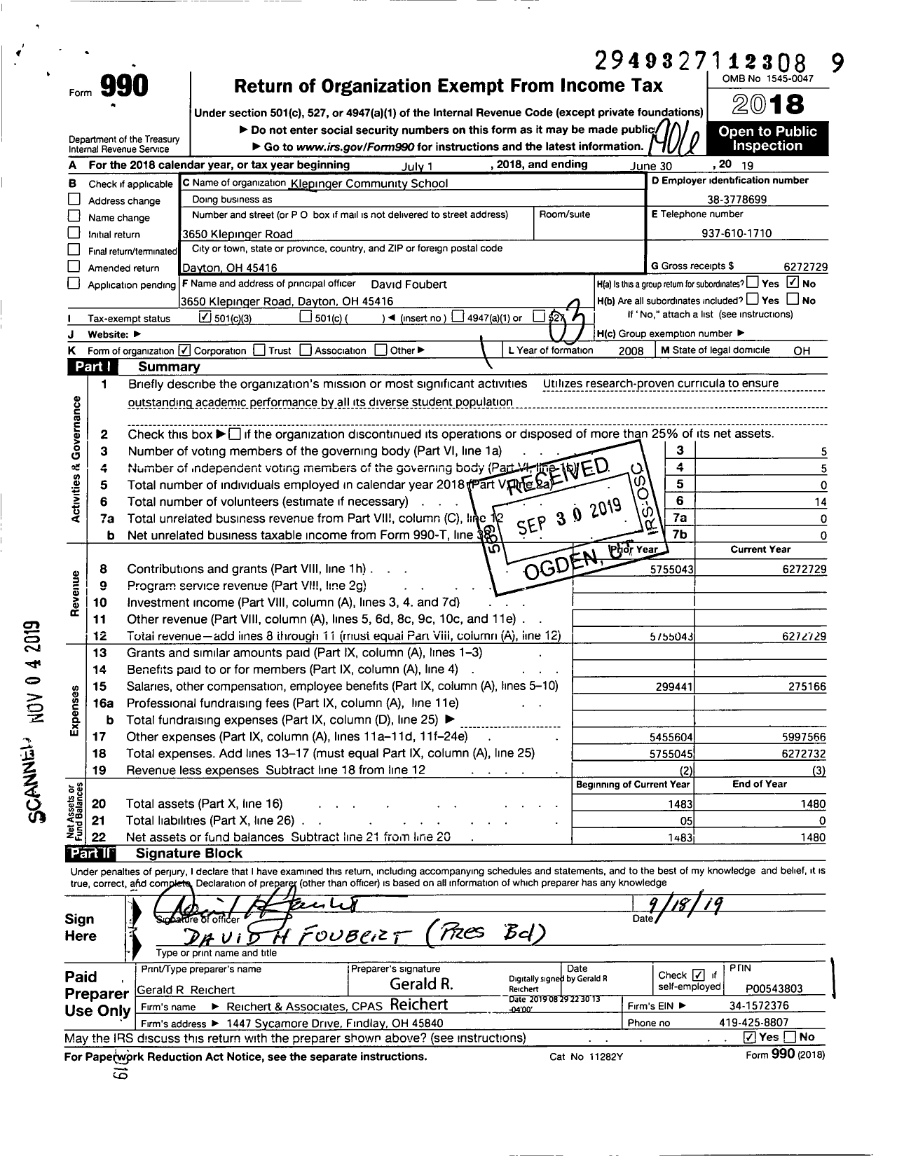 Image of first page of 2018 Form 990 for Imagine School