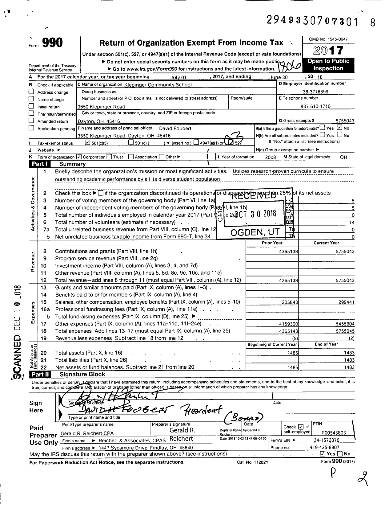 Image of first page of 2017 Form 990 for Imagine School