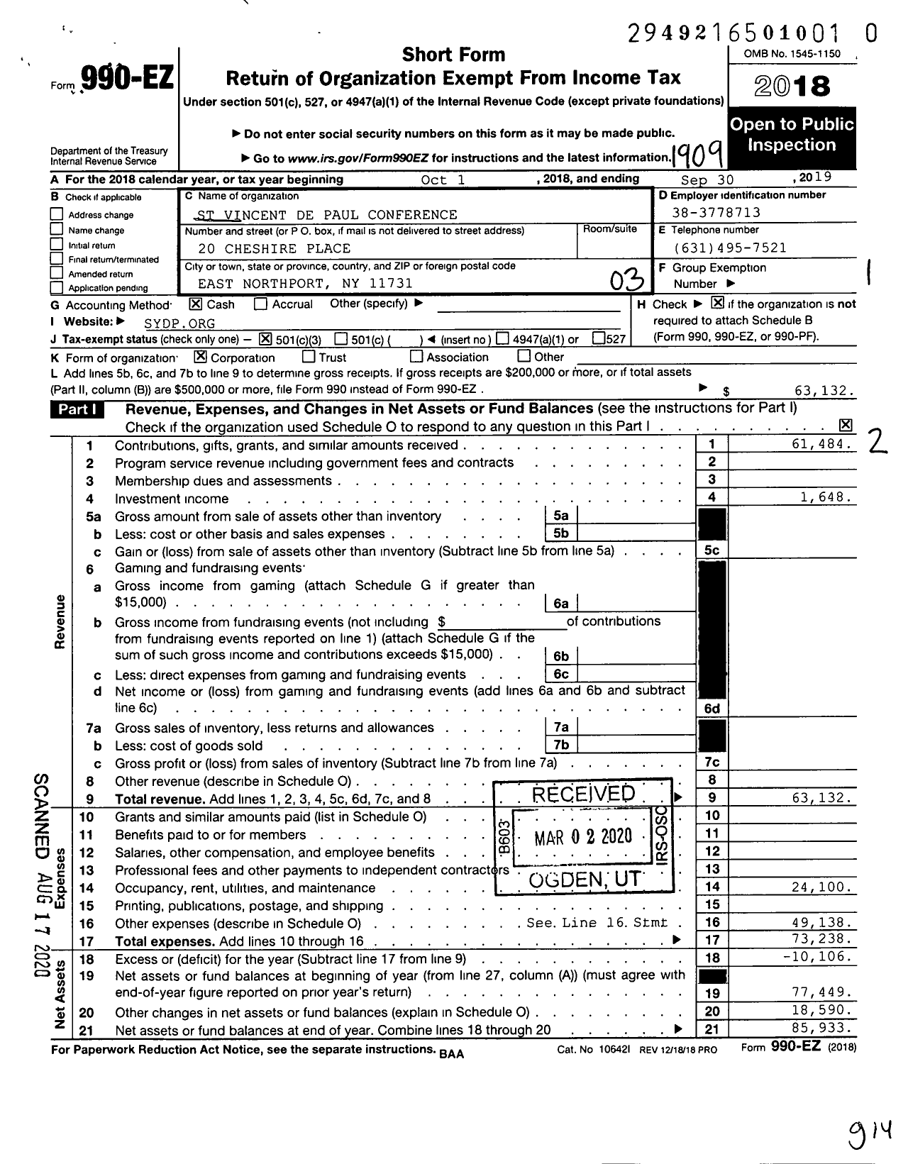 Image of first page of 2018 Form 990EZ for Central Council of the Society of