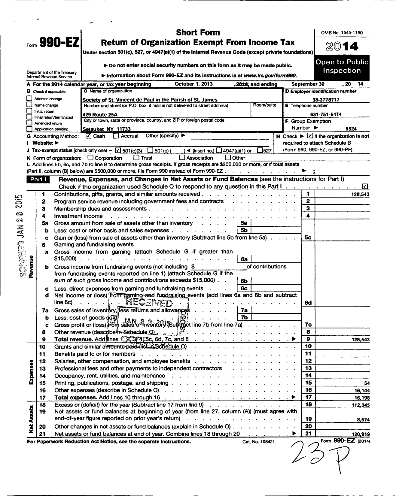 Image of first page of 2013 Form 990EZ for Central Council of the Society of St Vincent de Paul in the Diocese / The Parish of St James Church