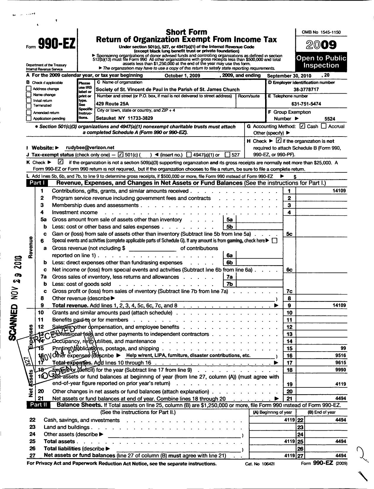 Image of first page of 2009 Form 990EO for Central Council of the Society of St Vincent de Paul in the Diocese / The Parish of St James Church