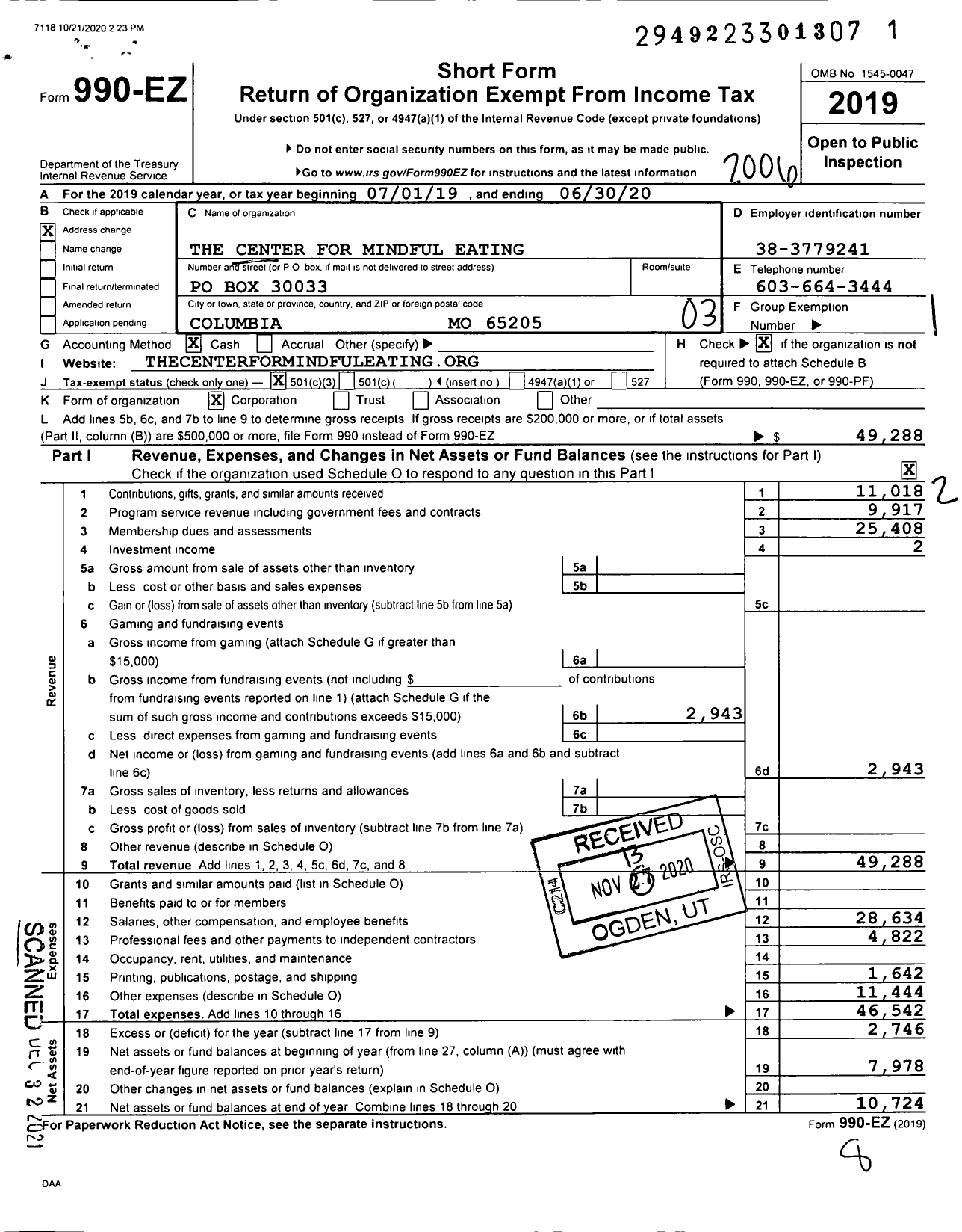 Image of first page of 2019 Form 990EZ for The Center for Mindful Eating