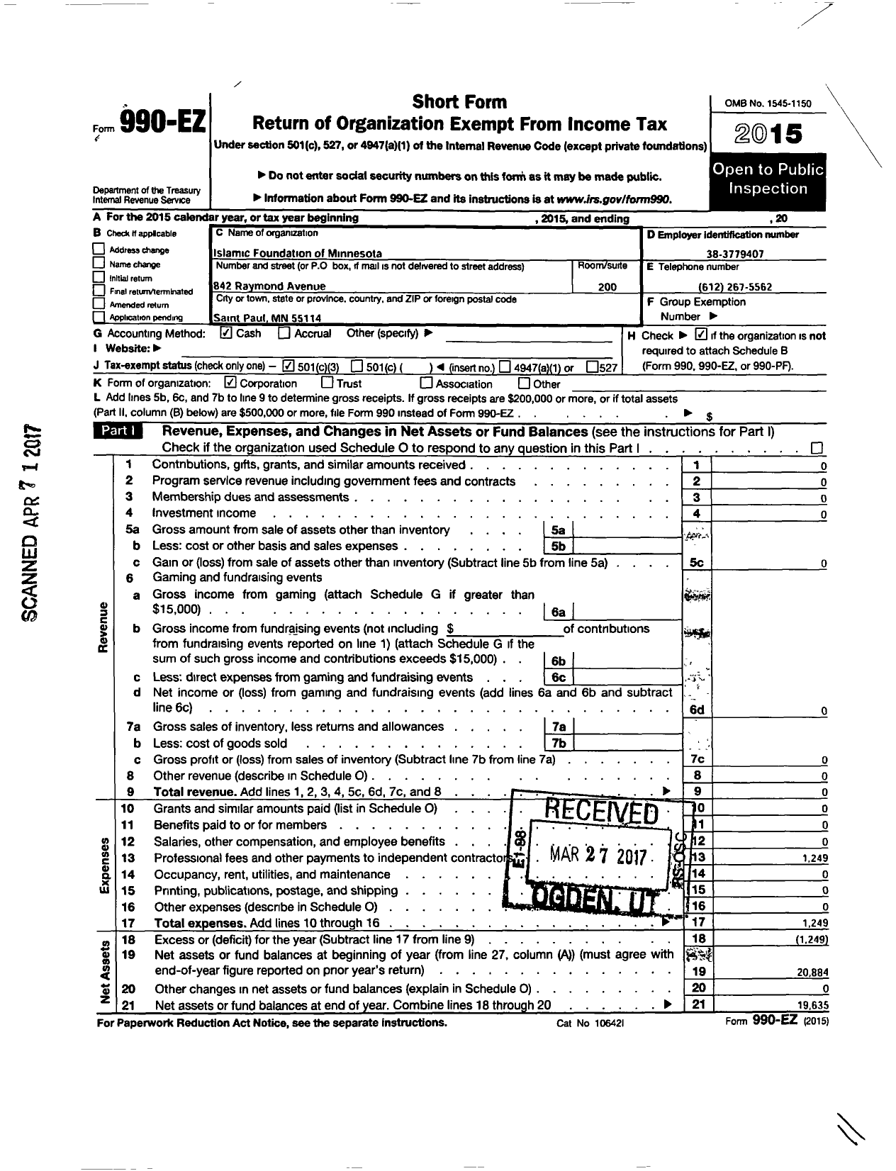 Image of first page of 2015 Form 990EZ for Islamic Foundation of Minnesota