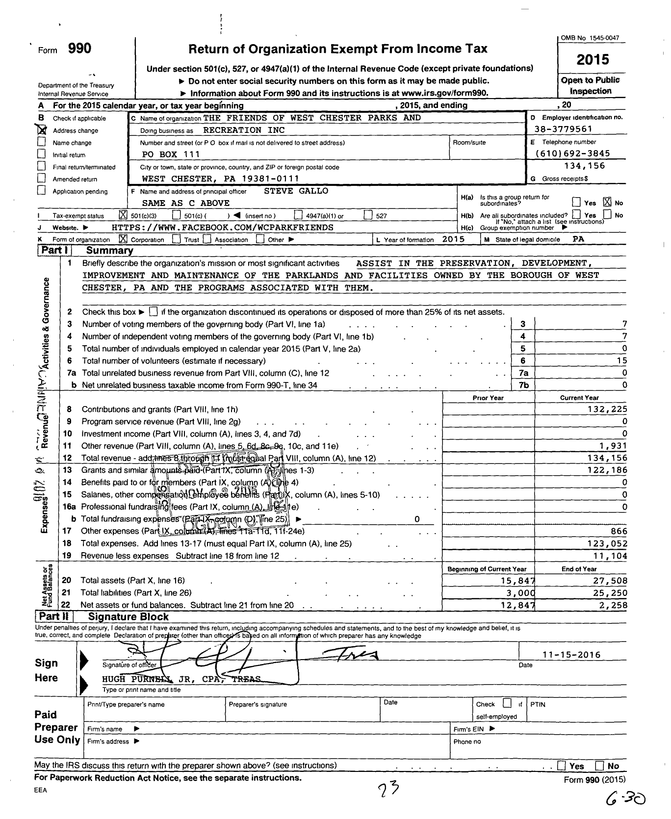 Image of first page of 2015 Form 990 for Friends of West Chester Parks and Recreation