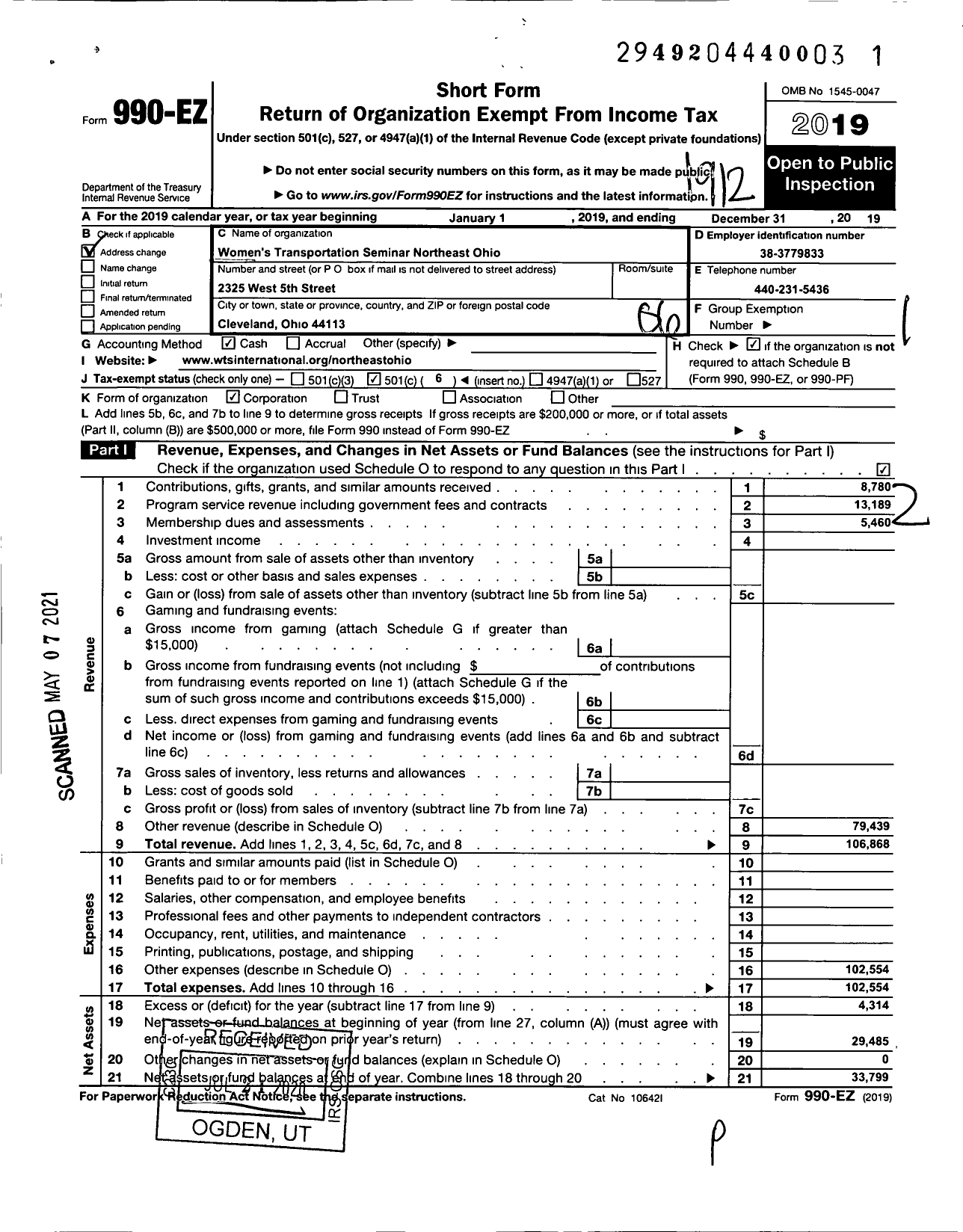 Image of first page of 2019 Form 990EO for Womens Transportation Seminar / Northeast Ohio Chapter