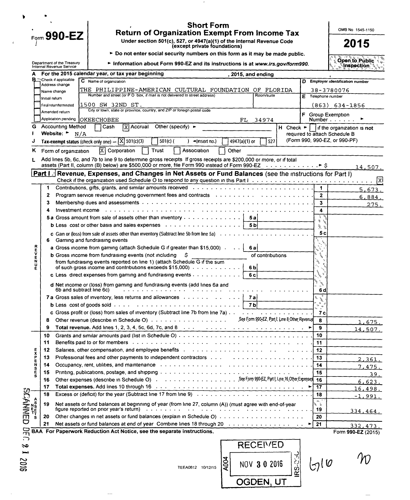 Image of first page of 2015 Form 990EZ for The Philippine-American Cultural Foundation of South Florida