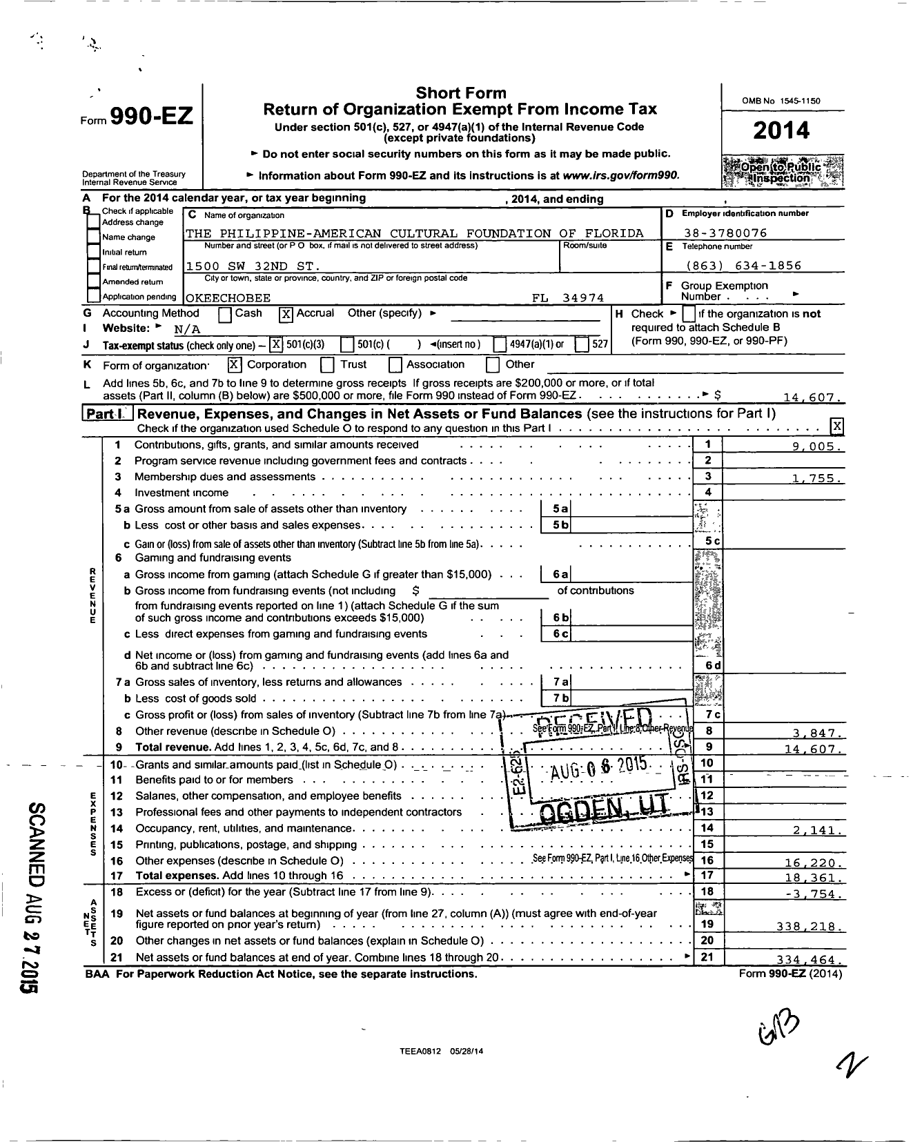 Image of first page of 2014 Form 990EZ for The Philippine-American Cultural Foundation of South Florida