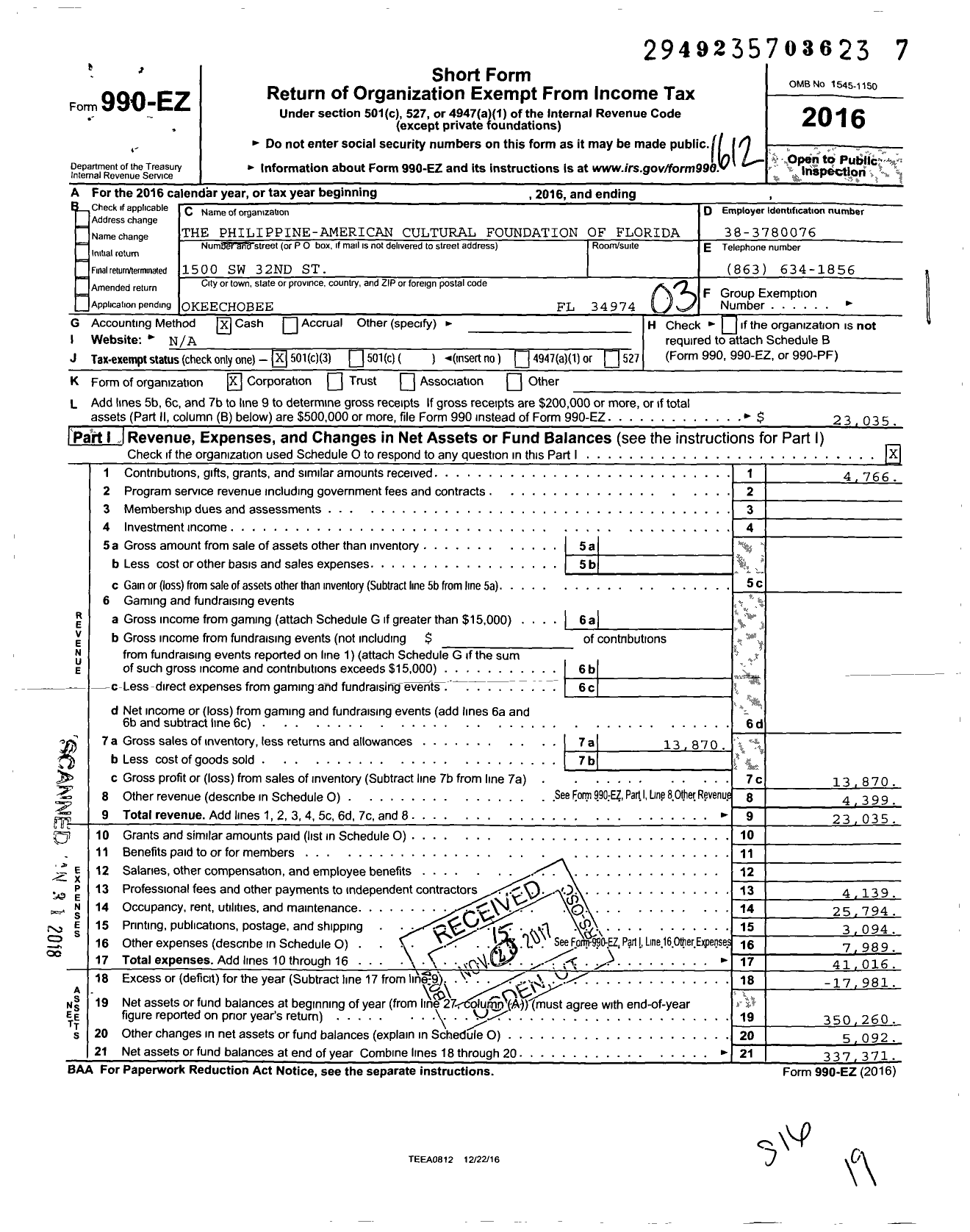 Image of first page of 2016 Form 990EZ for The Philippine-American Cultural Foundation of South Florida