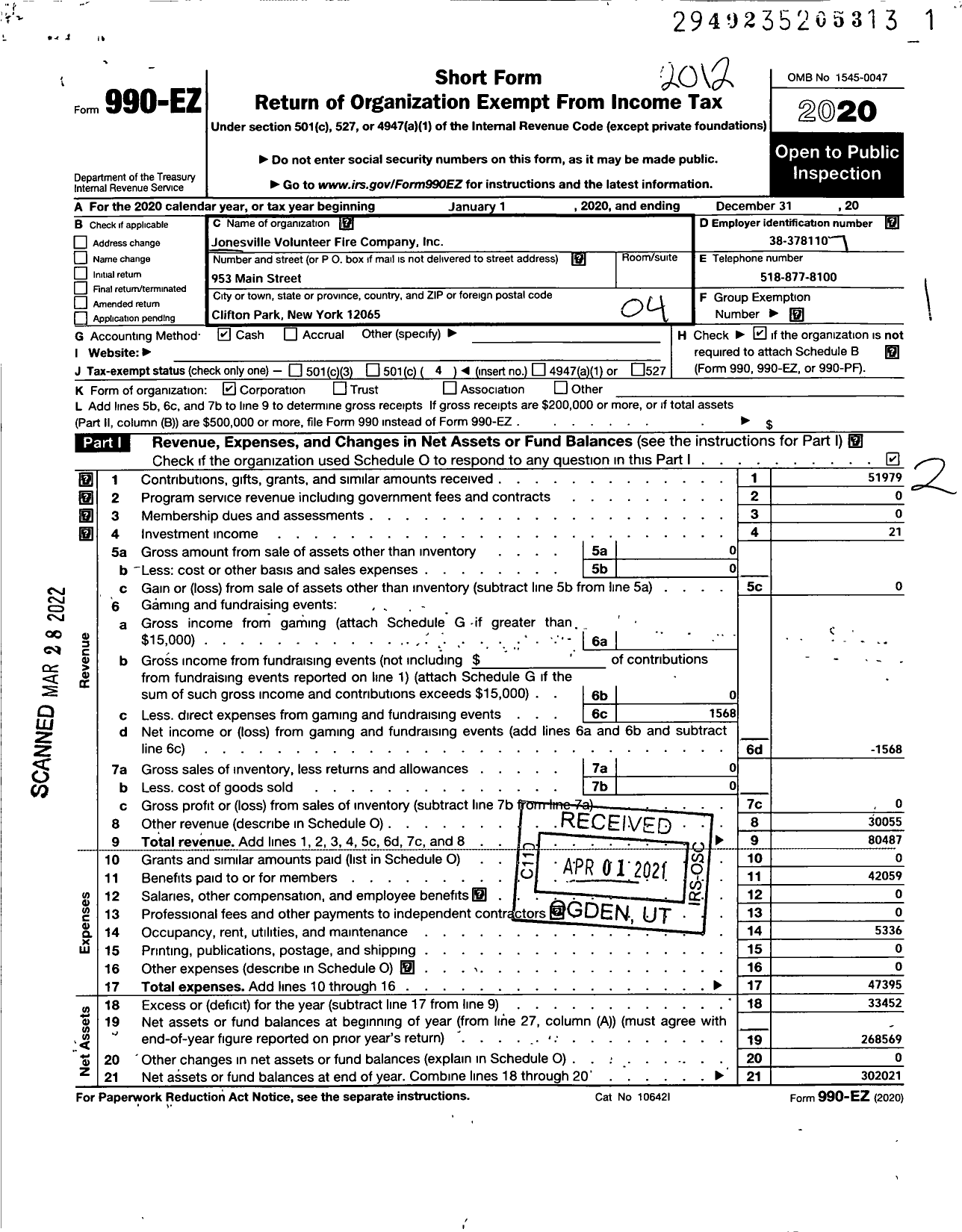 Image of first page of 2020 Form 990EO for Jonesville Volunteer Fire