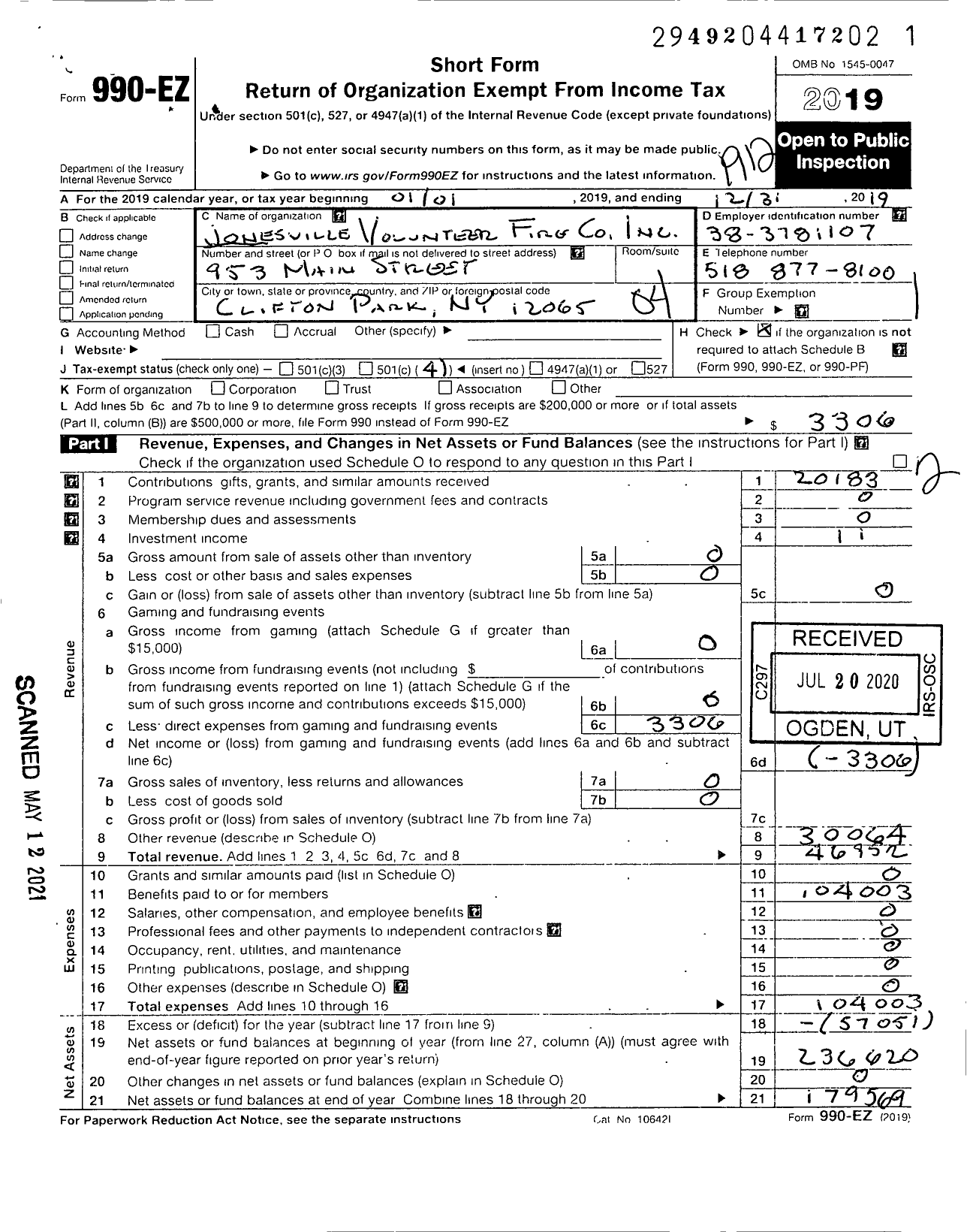 Image of first page of 2019 Form 990EO for Jonesville Volunteer Fire