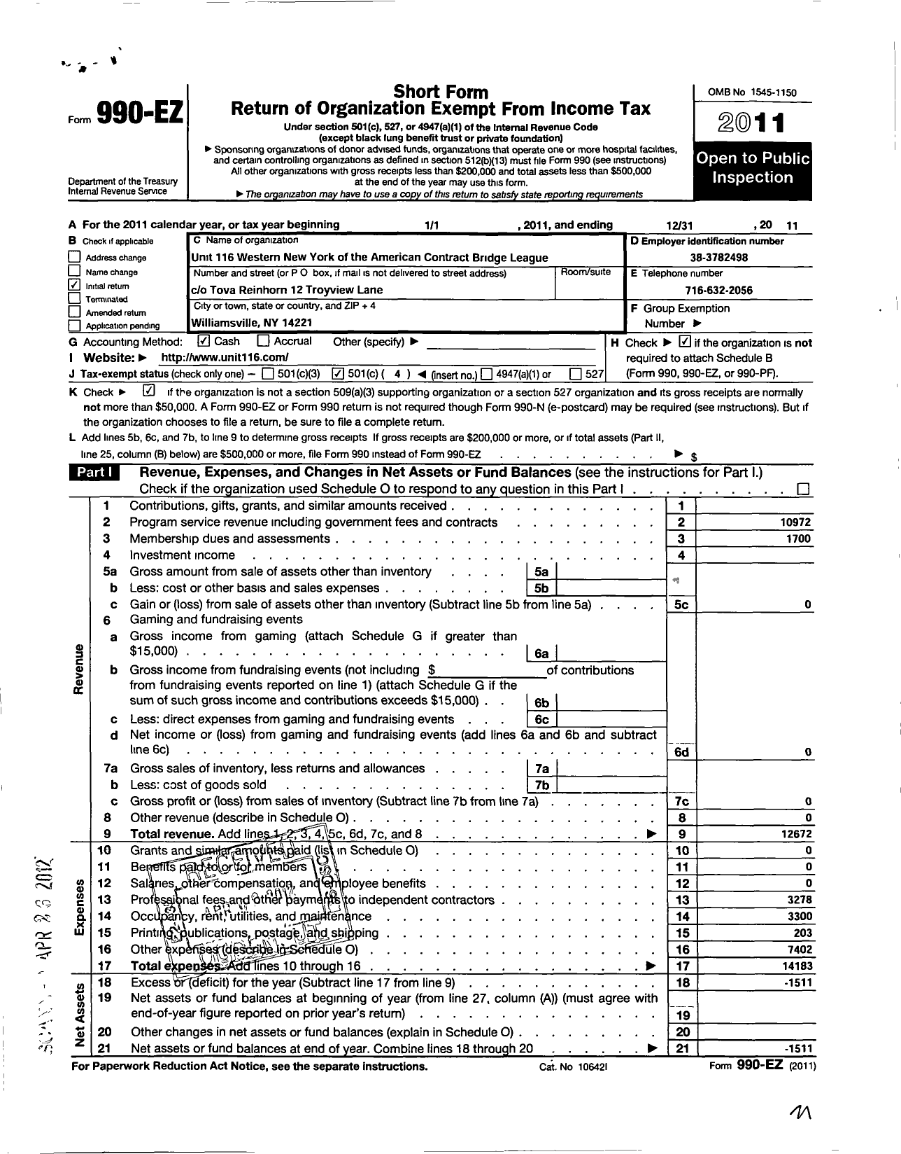 Image of first page of 2011 Form 990EO for Unit 116 Western New York of the American Contract Bridge League