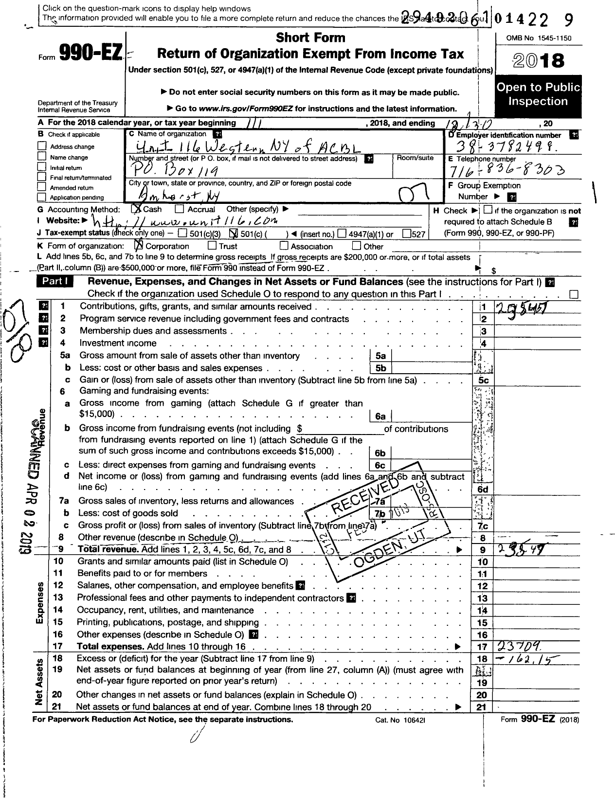 Image of first page of 2018 Form 990EO for Unit 116 Western New York of the American Contract Bridge League